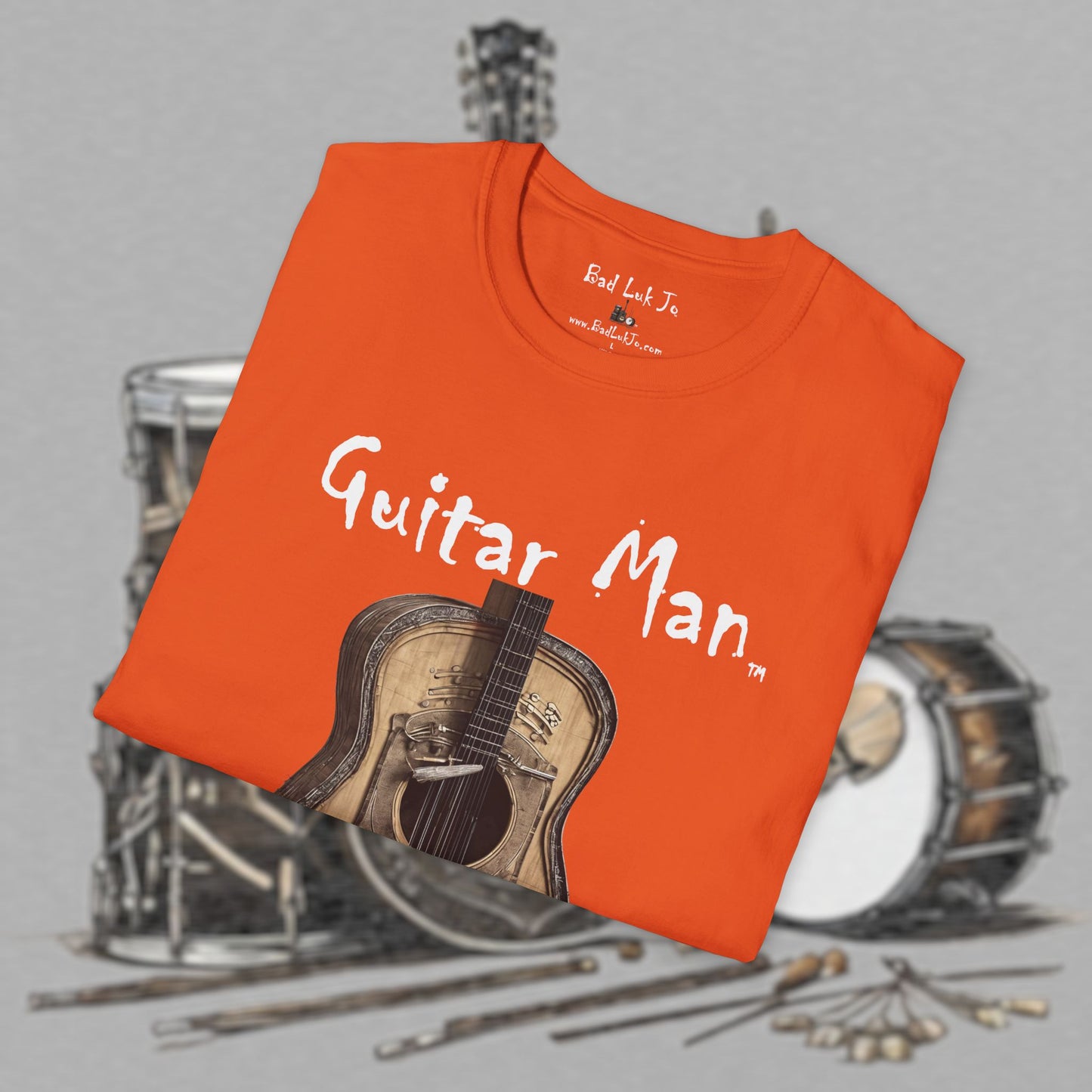 Bad Luk Jo "Guitar Man" T-Shirt - No Printing on Back - Unisex Softstyle T-Shirt - Perfect for Musicians and Music Lovers - FREE ECONOMY SHIPPING