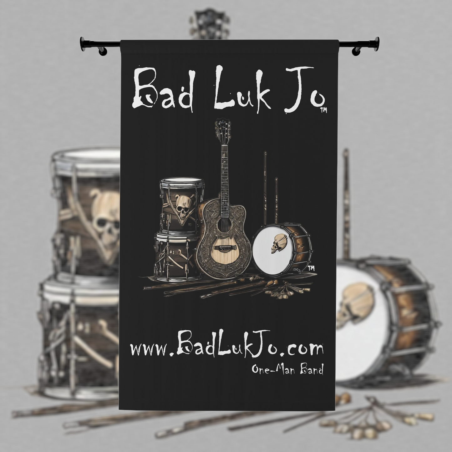 Bad Luk Jo One-Man Band - Window Curtain / Backdrop - Black - FREE STANDARD SHIPPING