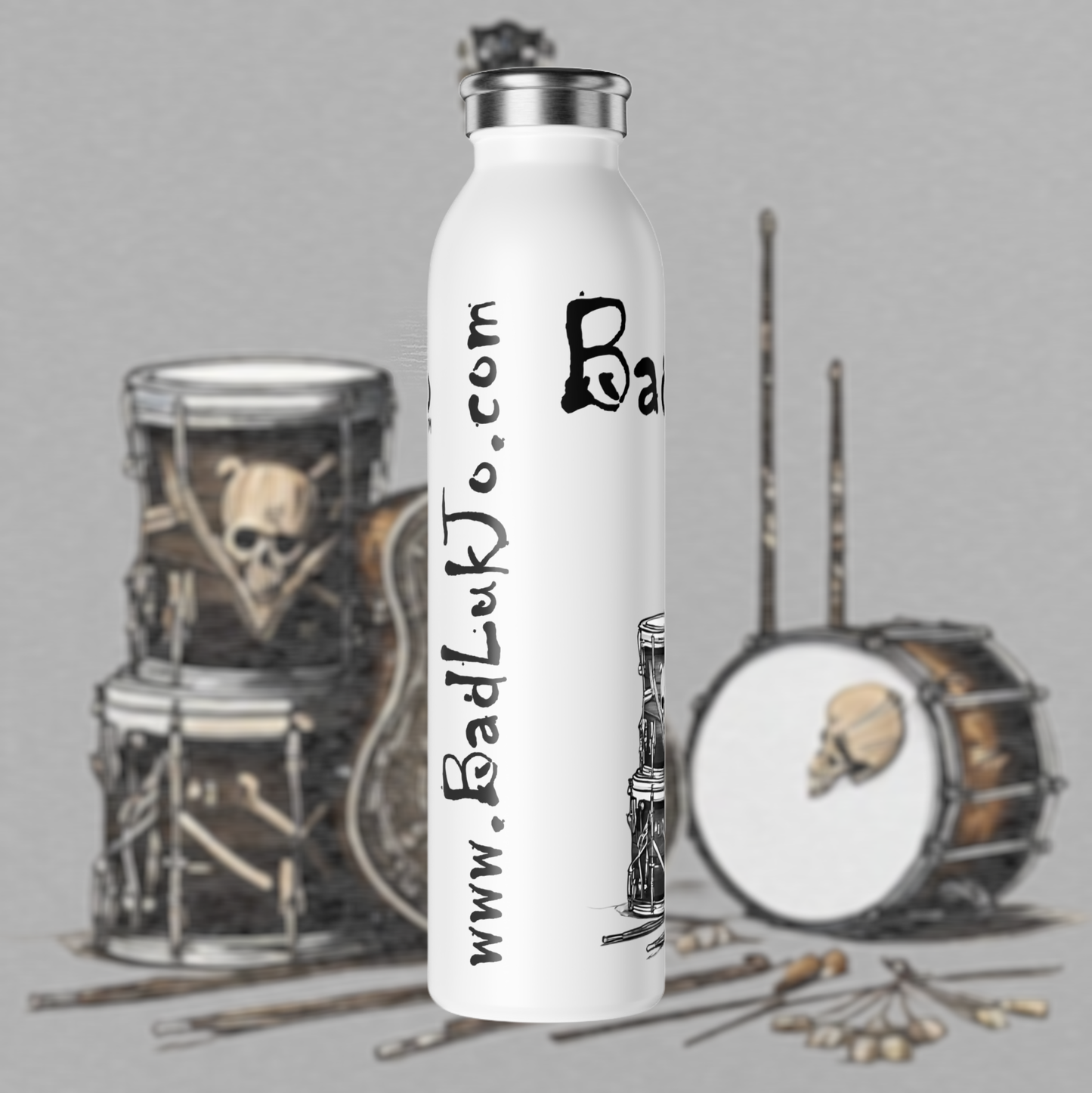 Bad Luk Jo Slim Stainless Steel Water Bottle - Stylish Guitar and Drum Design - Perfect for Music Lovers - 20oz.