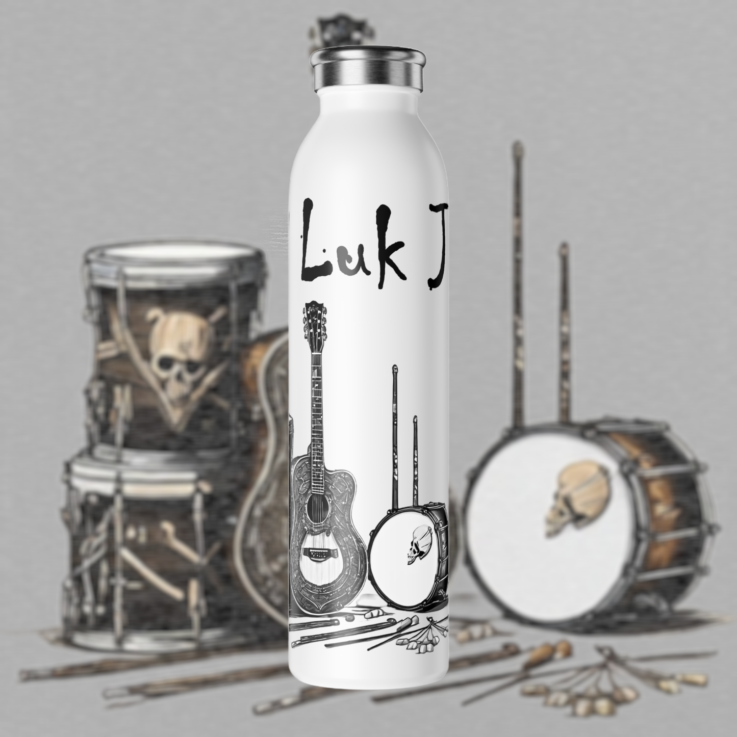 Bad Luk Jo Slim Stainless Steel Water Bottle - Stylish Guitar and Drum Design - Perfect for Music Lovers - 20oz.