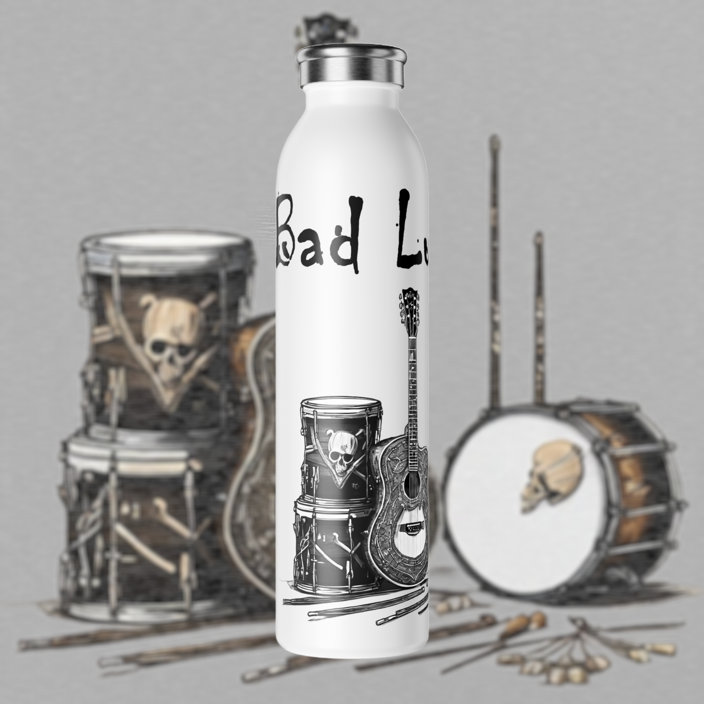 Bad Luk Jo Slim Stainless Steel Water Bottle - Stylish Guitar and Drum Design - Perfect for Music Lovers - 20oz.
