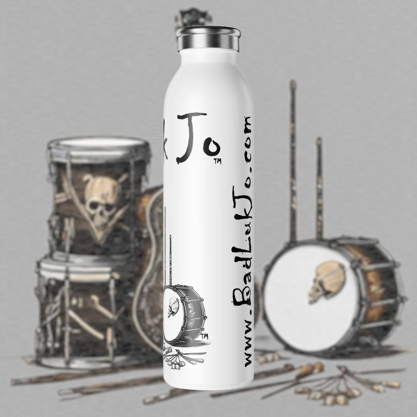 Bad Luk Jo Slim Stainless Steel Water Bottle - Stylish Guitar and Drum Design - Perfect for Music Lovers - 20oz.