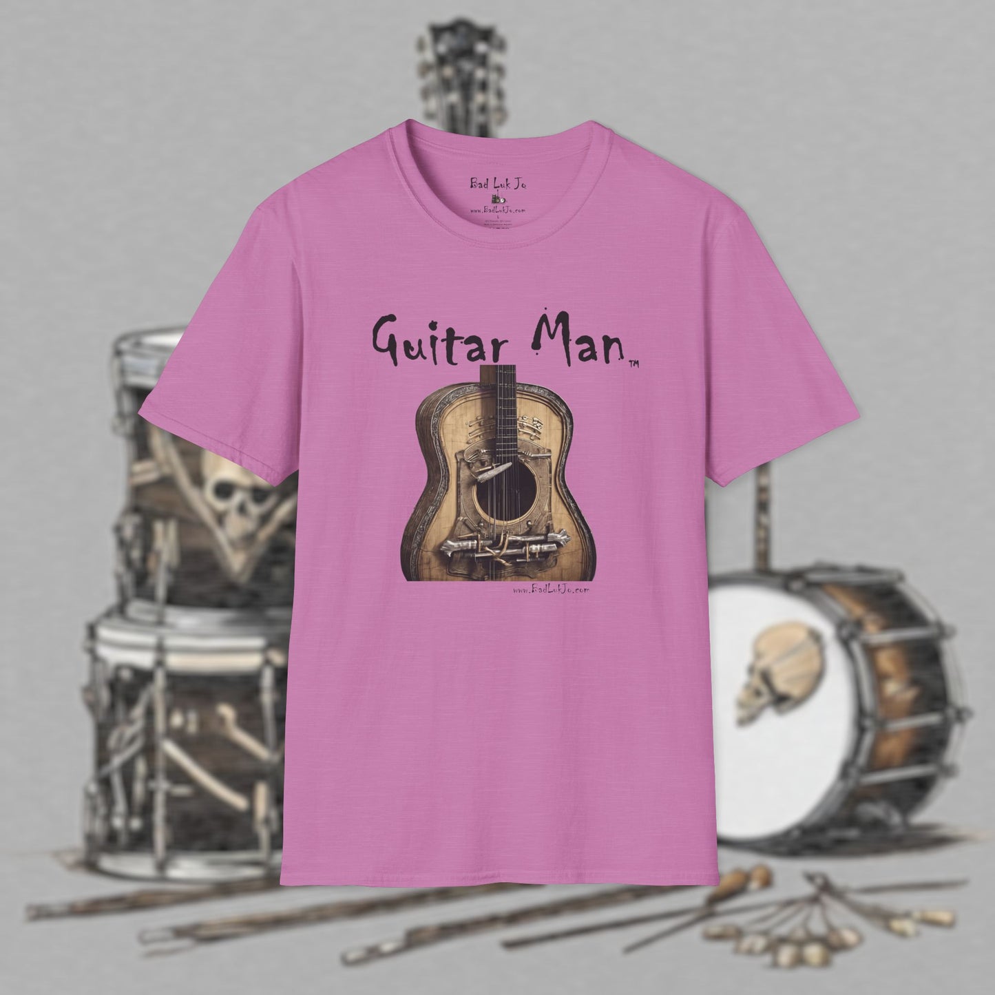 Bad Luk Jo "Guitar Man" T-Shirt - No Printing on Back - Unisex Softstyle T-Shirt - Perfect for Musicians and Music Lovers - FREE ECONOMY SHIPPING