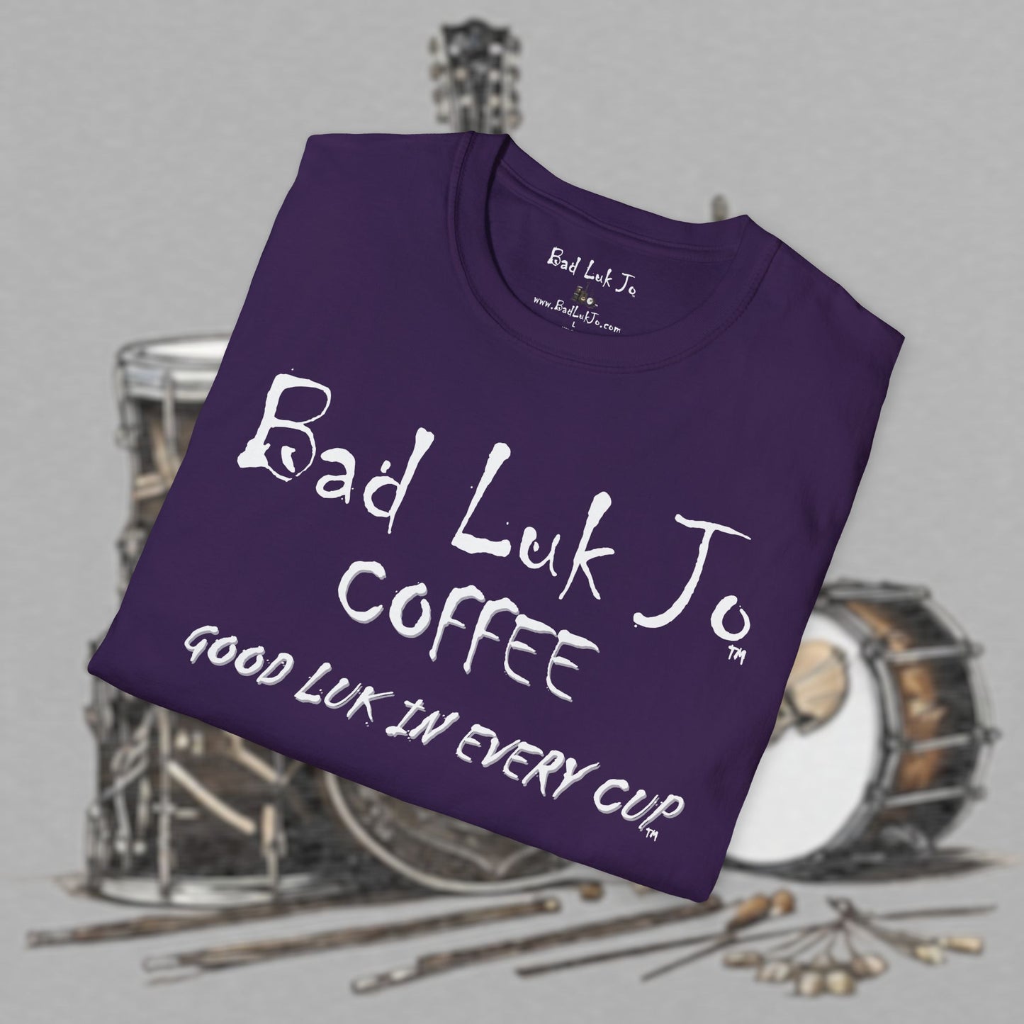 Bad Luk Jo Coffee "Good Luk in Every Cup" T-Shirt - with Website on Back - Unisex Softstyle T-Shirt - FREE ECONOMY SHIPPING
