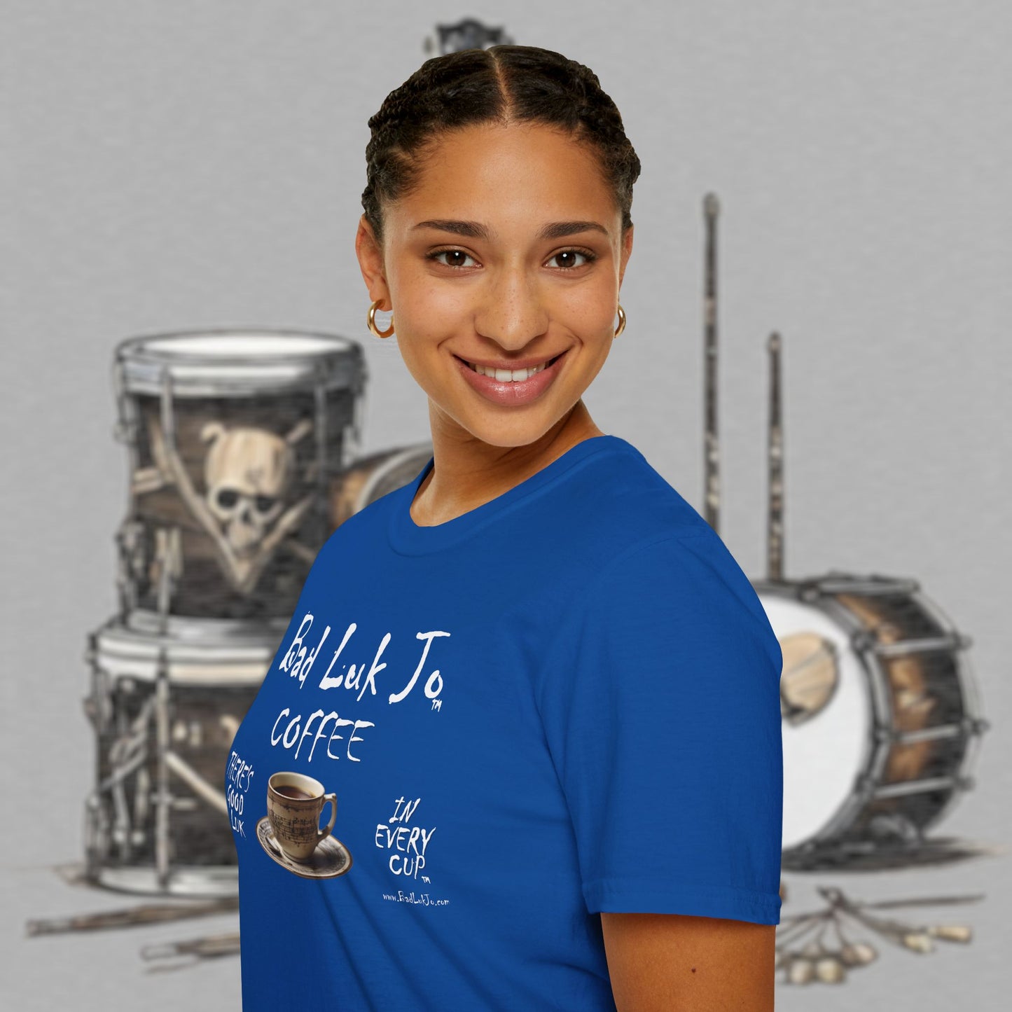 Bad Luk Jo Coffee "There's Good Luk in Every Cup" with Coffee Cup - Unisex Softstyle T-Shirt - FREE ECONOMY SHIPPING