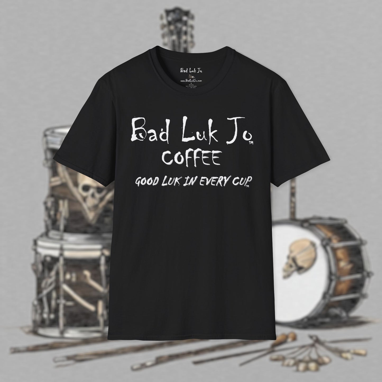Bad Luk Jo Coffee "Good Luk in Every Cup" T-Shirt - with Website on Back - Unisex Softstyle T-Shirt - FREE ECONOMY SHIPPING