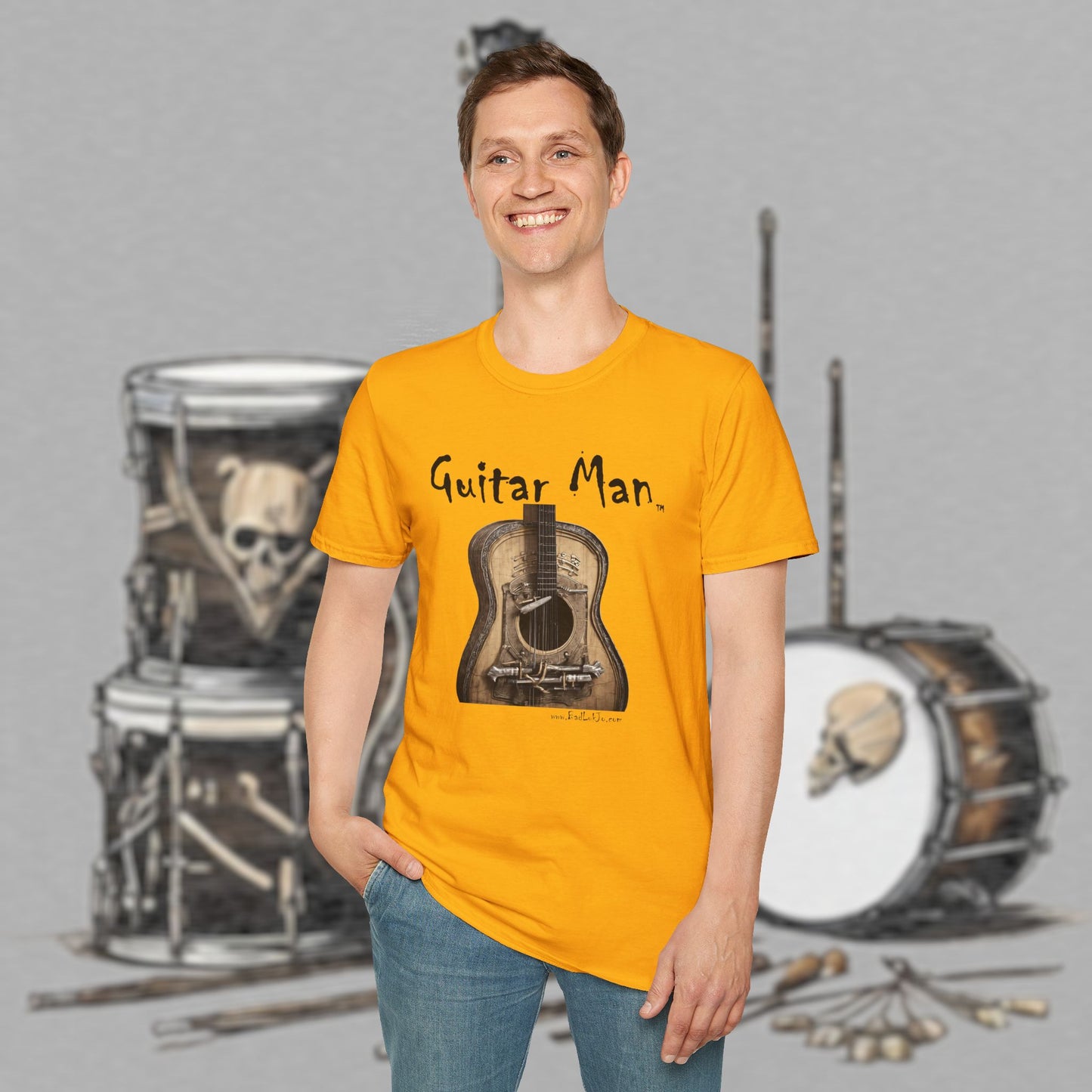 Bad Luk Jo "Guitar Man" T-Shirt - No Printing on Back - Unisex Softstyle T-Shirt - Perfect for Musicians and Music Lovers - FREE ECONOMY SHIPPING