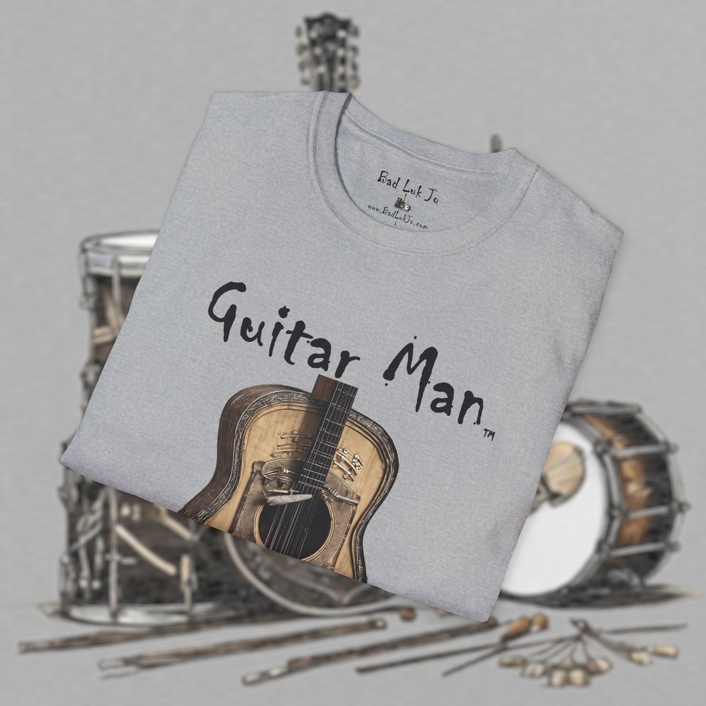 Bad Luk Jo "Guitar Man" T-Shirt - No Printing on Back - Unisex Softstyle T-Shirt - Perfect for Musicians and Music Lovers - FREE ECONOMY SHIPPING