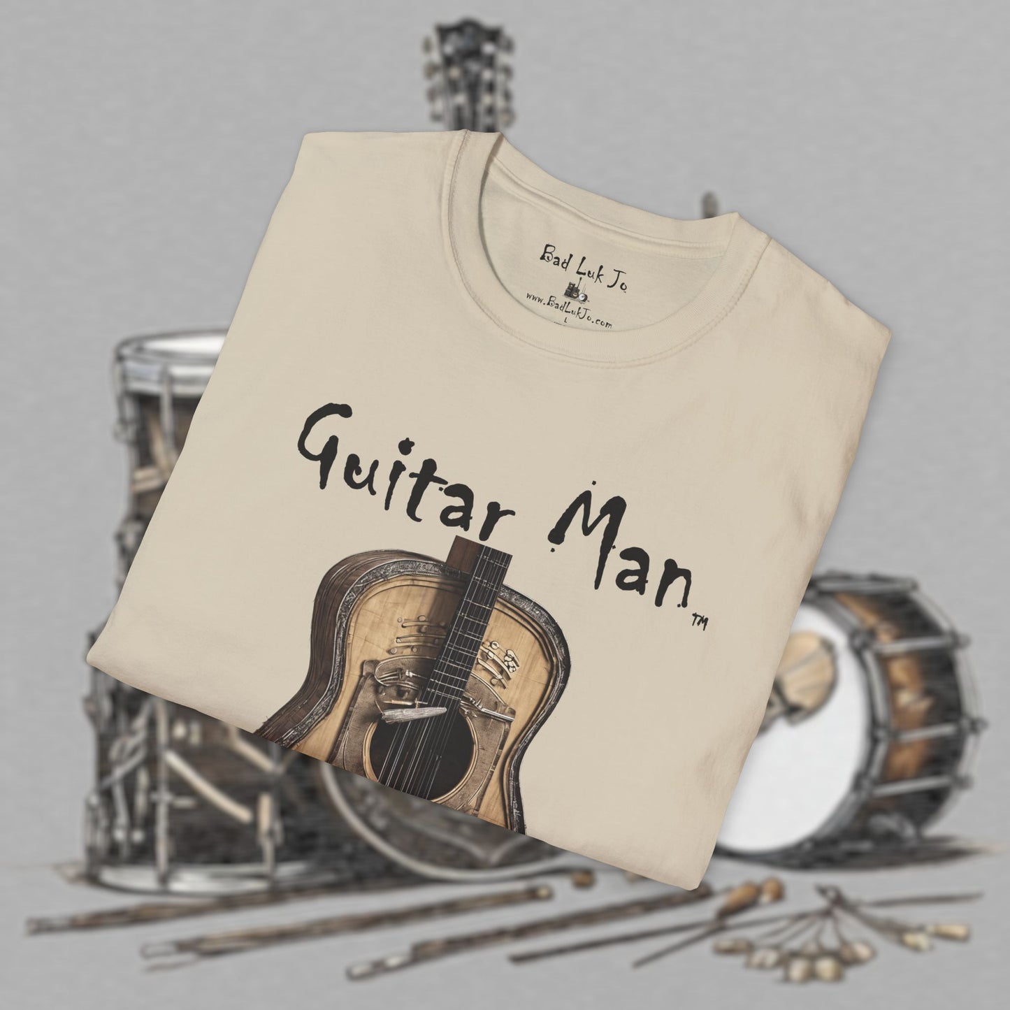 Bad Luk Jo "Guitar Man" T-Shirt - No Printing on Back - Unisex Softstyle T-Shirt - Perfect for Musicians and Music Lovers - FREE ECONOMY SHIPPING
