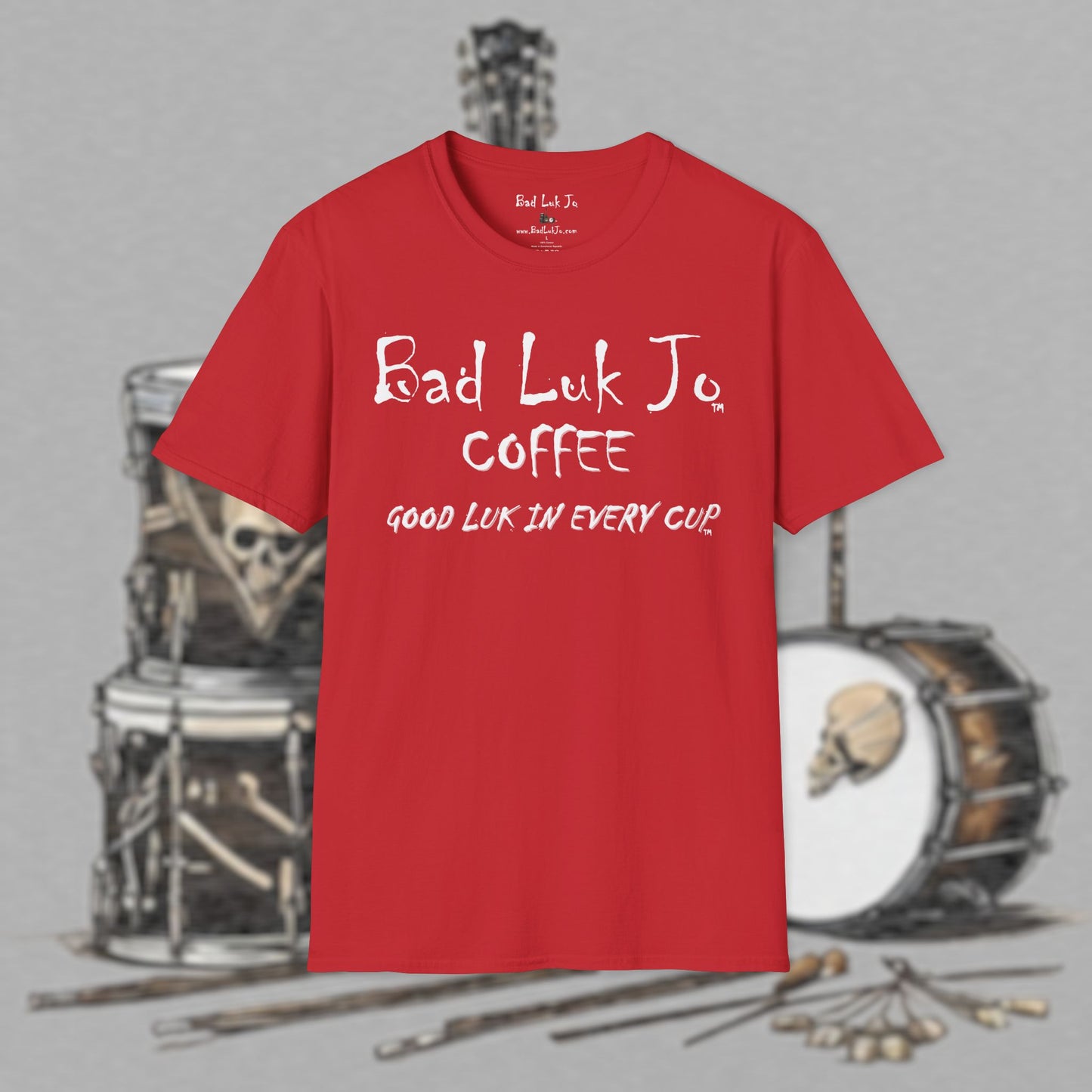 Bad Luk Jo Coffee "Good Luk in Every Cup" T-Shirt - with Website on Back - Unisex Softstyle T-Shirt - FREE ECONOMY SHIPPING