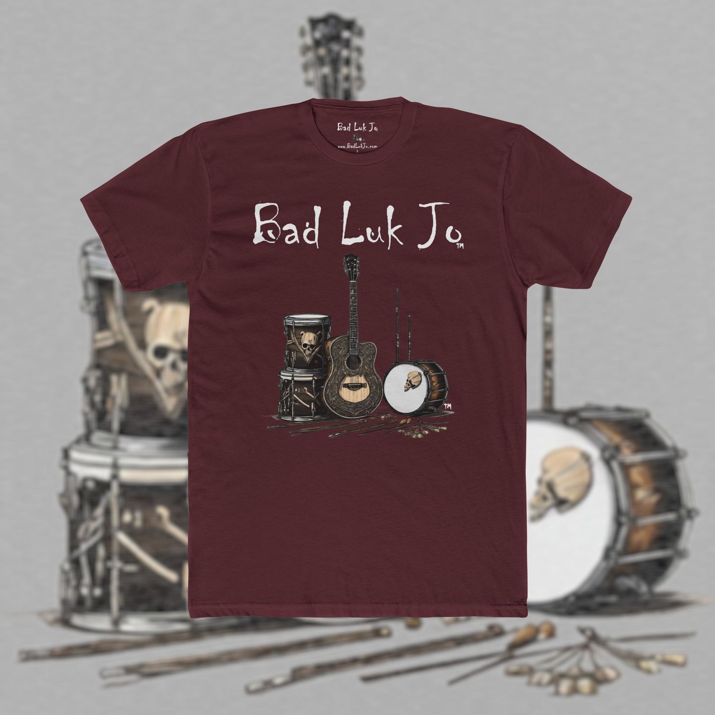 Bad Luk Jo T-Shirt - ORIGINAL Design with Website on Back - Unisex Cotton "Crew Tee" - Classic Fit (Tighter) - Perfect for Musicians and Music Lovers - FREE ECONOMY SHIPPING