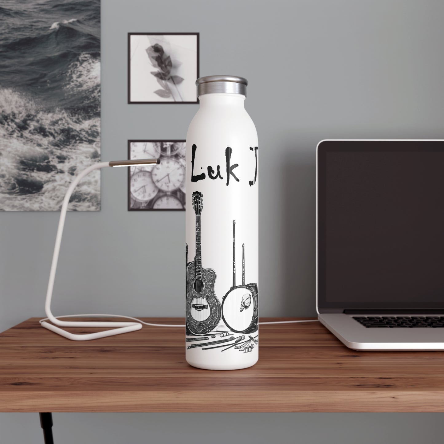Bad Luk Jo Slim Stainless Steel Water Bottle - Stylish Guitar and Drum Design - Perfect for Music Lovers - 20oz.