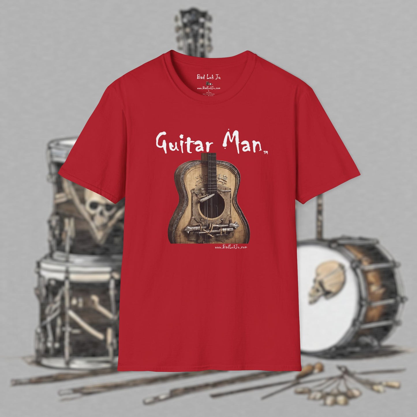 Bad Luk Jo "Guitar Man" T-Shirt - No Printing on Back - Unisex Softstyle T-Shirt - Perfect for Musicians and Music Lovers - FREE ECONOMY SHIPPING