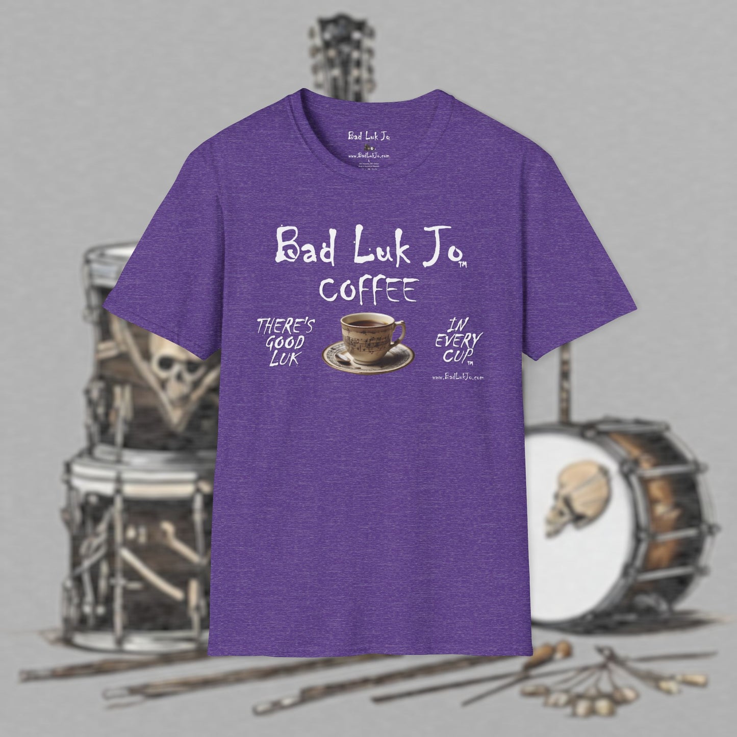 Bad Luk Jo Coffee "There's Good Luk in Every Cup" with Coffee Cup - Unisex Softstyle T-Shirt - FREE ECONOMY SHIPPING