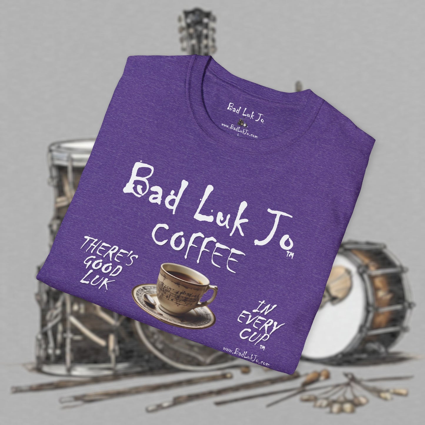 Bad Luk Jo Coffee "There's Good Luk in Every Cup" with Coffee Cup - Unisex Softstyle T-Shirt - FREE ECONOMY SHIPPING