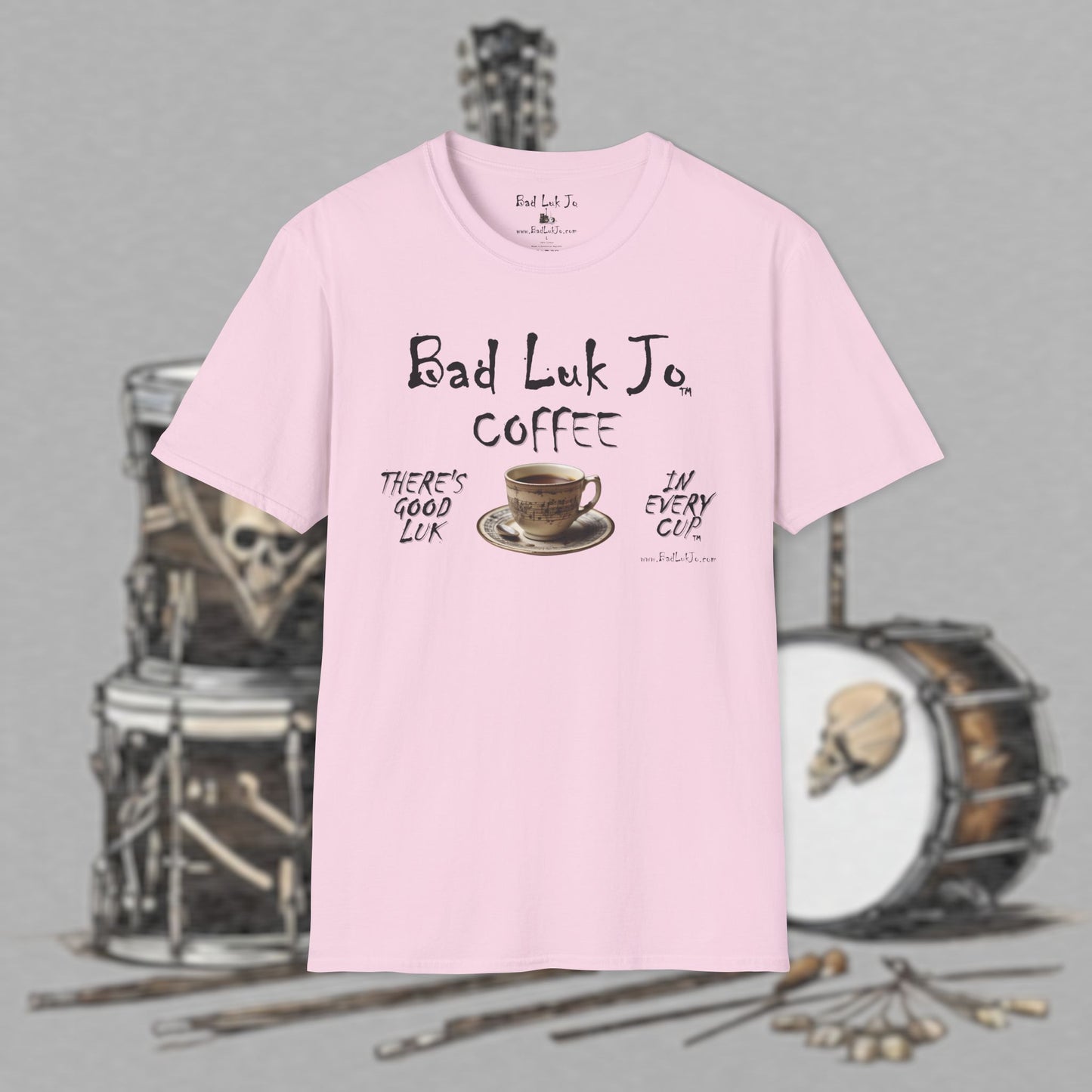 Bad Luk Jo Coffee "There's Good Luk in Every Cup" with Coffee Cup - Unisex Softstyle T-Shirt - FREE ECONOMY SHIPPING