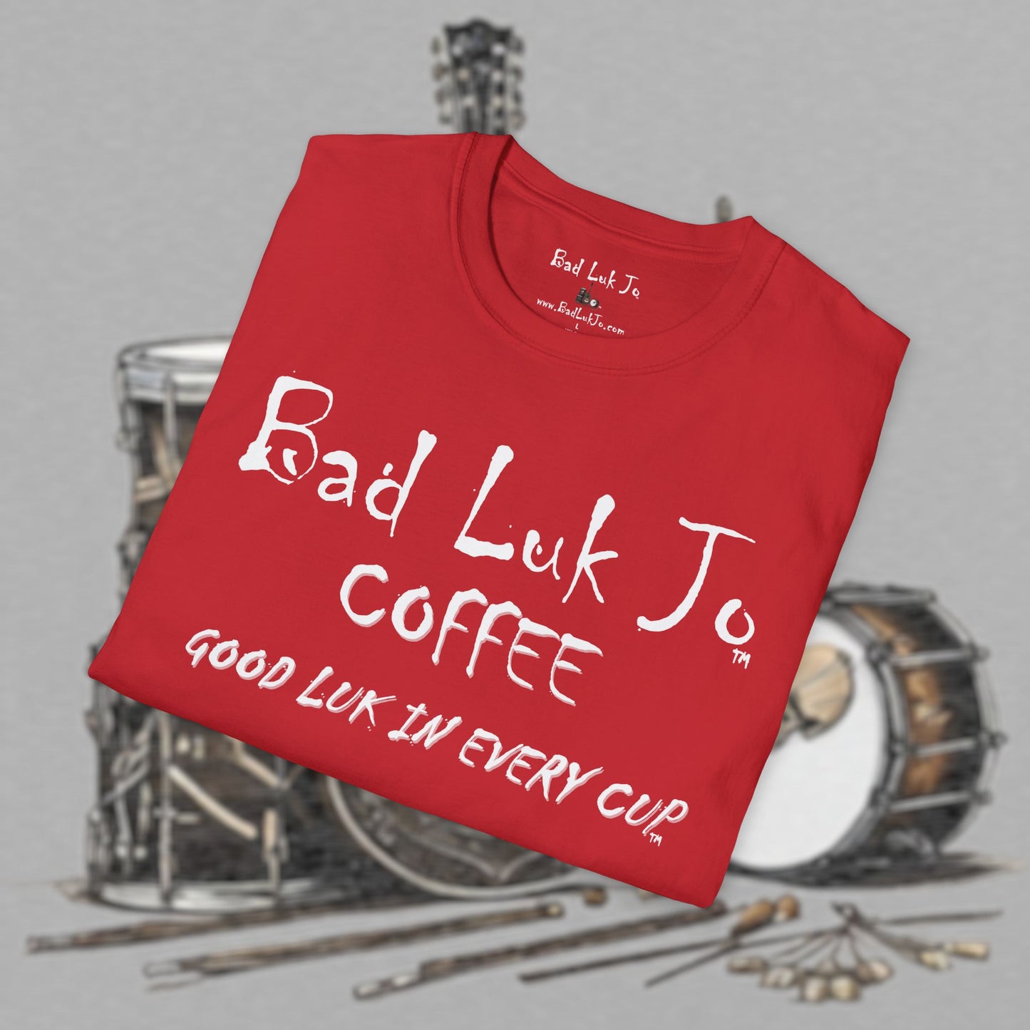Bad Luk Jo Coffee "Good Luk in Every Cup" T-Shirt - with Website on Back - Unisex Softstyle T-Shirt - FREE ECONOMY SHIPPING