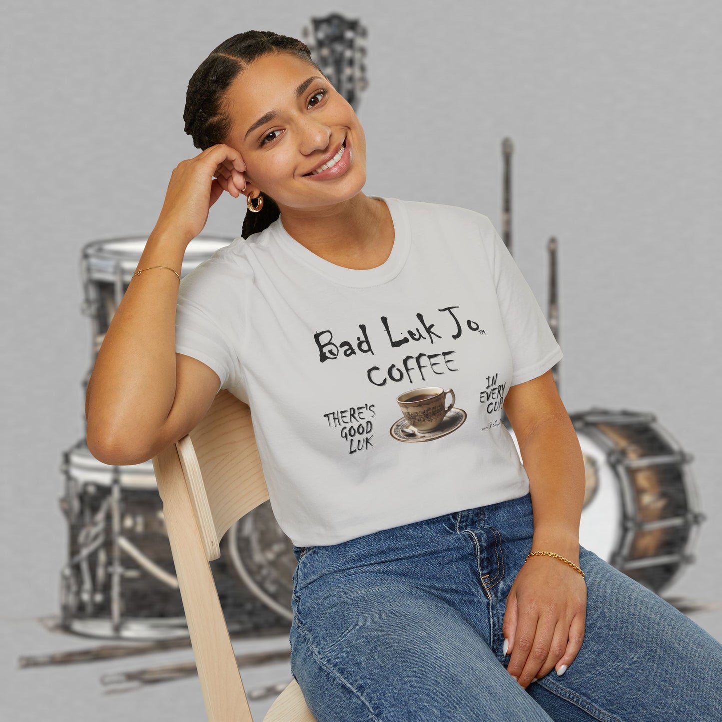 Bad Luk Jo Coffee "There's Good Luk in Every Cup" with Coffee Cup - Unisex Softstyle T-Shirt - FREE ECONOMY SHIPPING