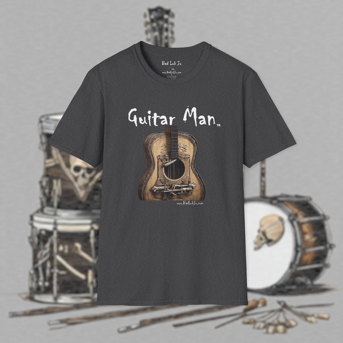 Bad Luk Jo "Guitar Man" T-Shirt - No Printing on Back - Unisex Softstyle T-Shirt - Perfect for Musicians and Music Lovers - FREE ECONOMY SHIPPING