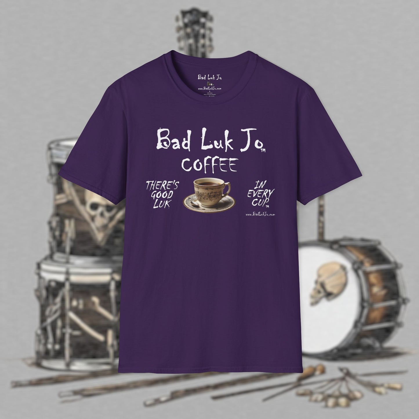 Bad Luk Jo Coffee "There's Good Luk in Every Cup" with Coffee Cup - Unisex Softstyle T-Shirt - FREE ECONOMY SHIPPING