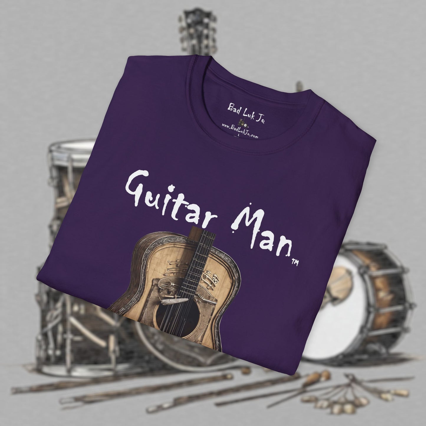 Bad Luk Jo "Guitar Man" T-Shirt - No Printing on Back - Unisex Softstyle T-Shirt - Perfect for Musicians and Music Lovers - FREE ECONOMY SHIPPING