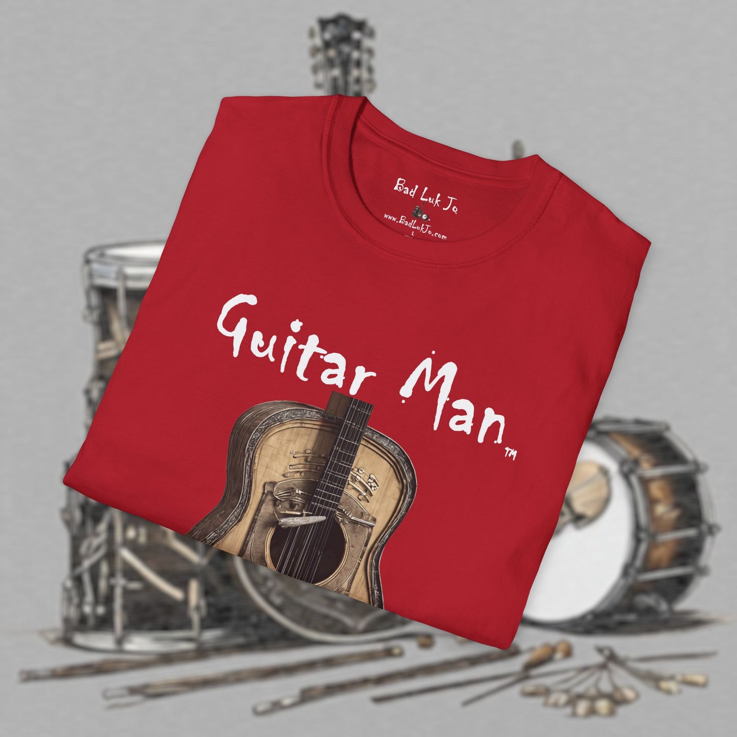 Bad Luk Jo "Guitar Man" T-Shirt - No Printing on Back - Unisex Softstyle T-Shirt - Perfect for Musicians and Music Lovers - FREE ECONOMY SHIPPING