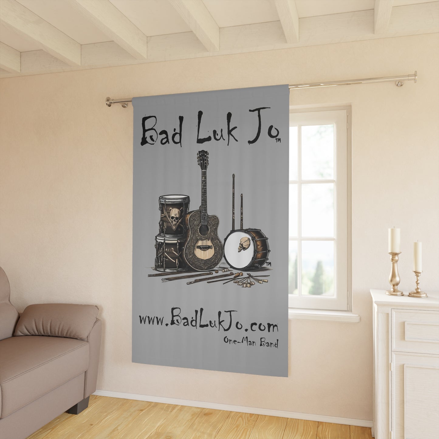Bad Luk Jo One-Man Band - Window Curtain / Backdrop - Grey - FREE STANDARD SHIPPING