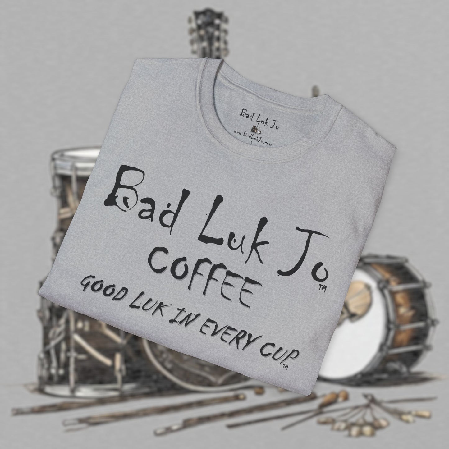 Bad Luk Jo Coffee "Good Luk in Every Cup" T-Shirt - with Website on Back - Unisex Softstyle T-Shirt - FREE ECONOMY SHIPPING