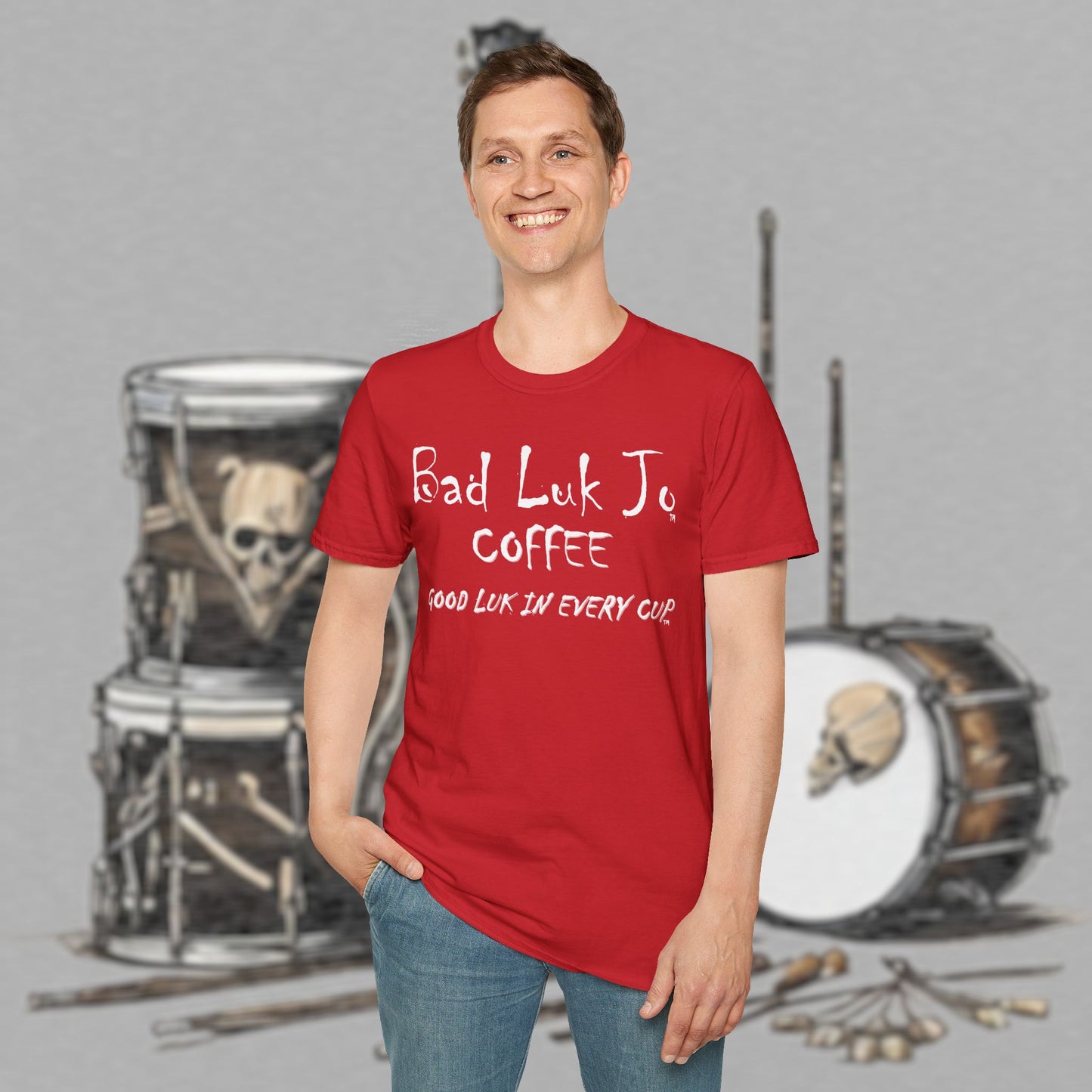 Bad Luk Jo Coffee "Good Luk in Every Cup" T-Shirt - with Website on Back - Unisex Softstyle T-Shirt - FREE ECONOMY SHIPPING