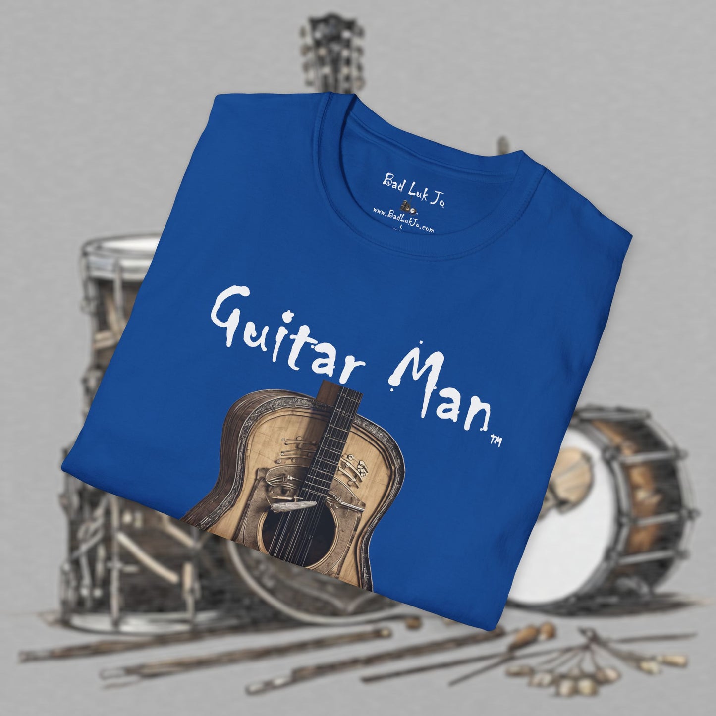 Bad Luk Jo "Guitar Man" T-Shirt - No Printing on Back - Unisex Softstyle T-Shirt - Perfect for Musicians and Music Lovers - FREE ECONOMY SHIPPING