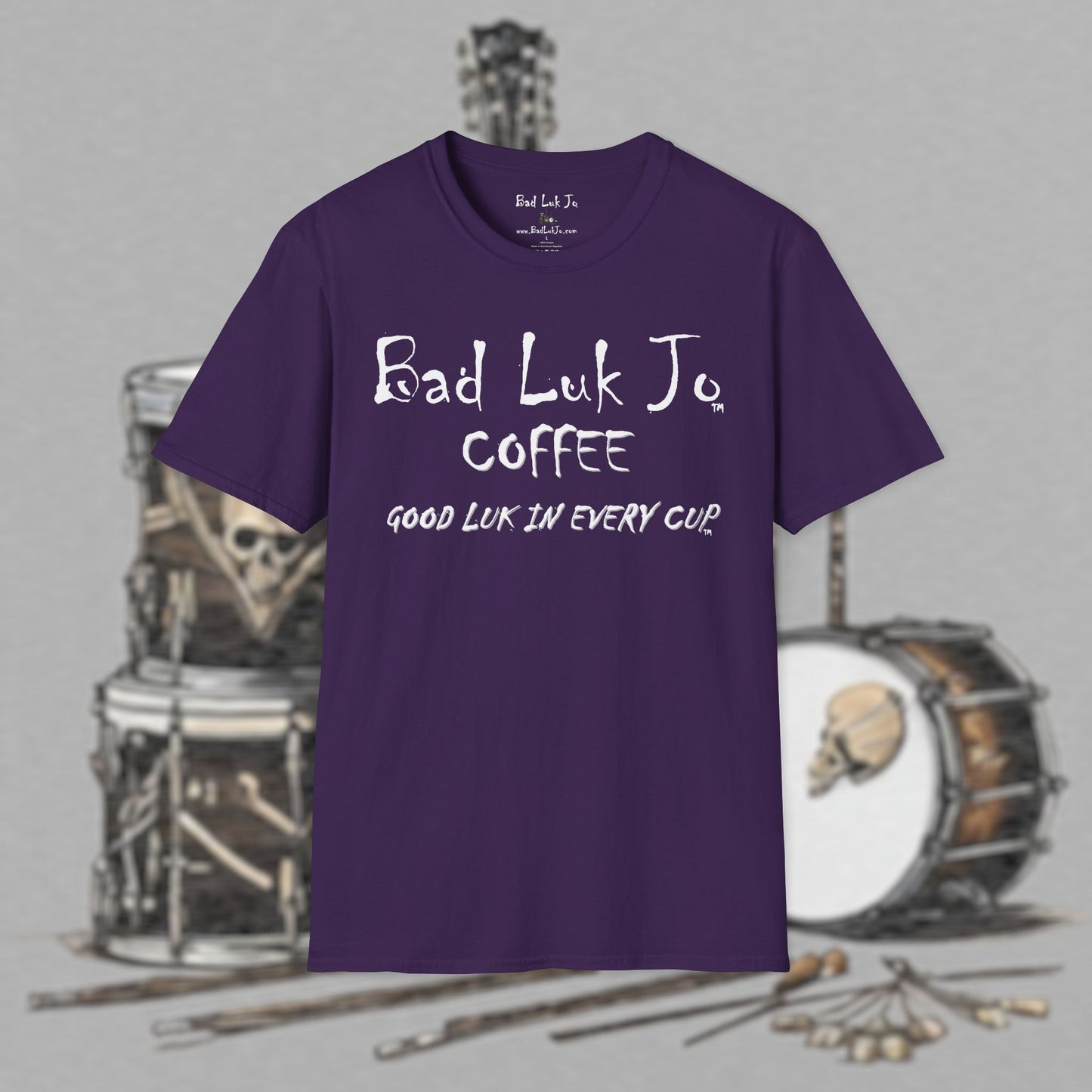 Bad Luk Jo Coffee "Good Luk in Every Cup" T-Shirt - with Website on Back - Unisex Softstyle T-Shirt - FREE ECONOMY SHIPPING