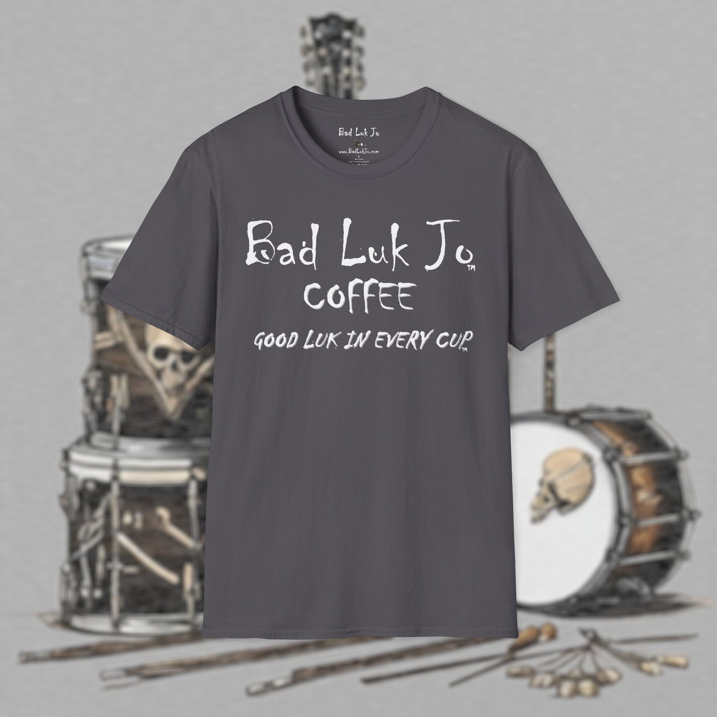 Bad Luk Jo Coffee "Good Luk in Every Cup" T-Shirt - with Website on Back - Unisex Softstyle T-Shirt - FREE ECONOMY SHIPPING