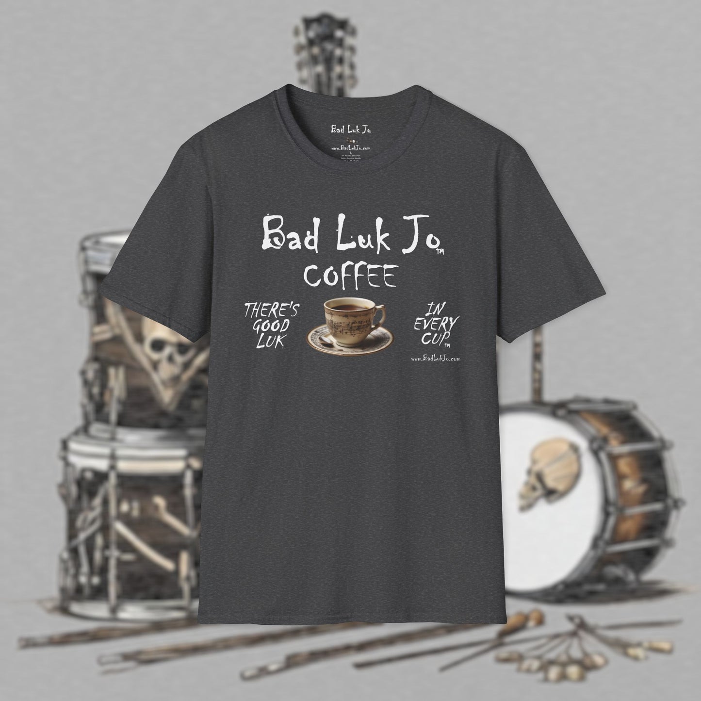 Bad Luk Jo Coffee "There's Good Luk in Every Cup" with Coffee Cup - Unisex Softstyle T-Shirt - FREE ECONOMY SHIPPING