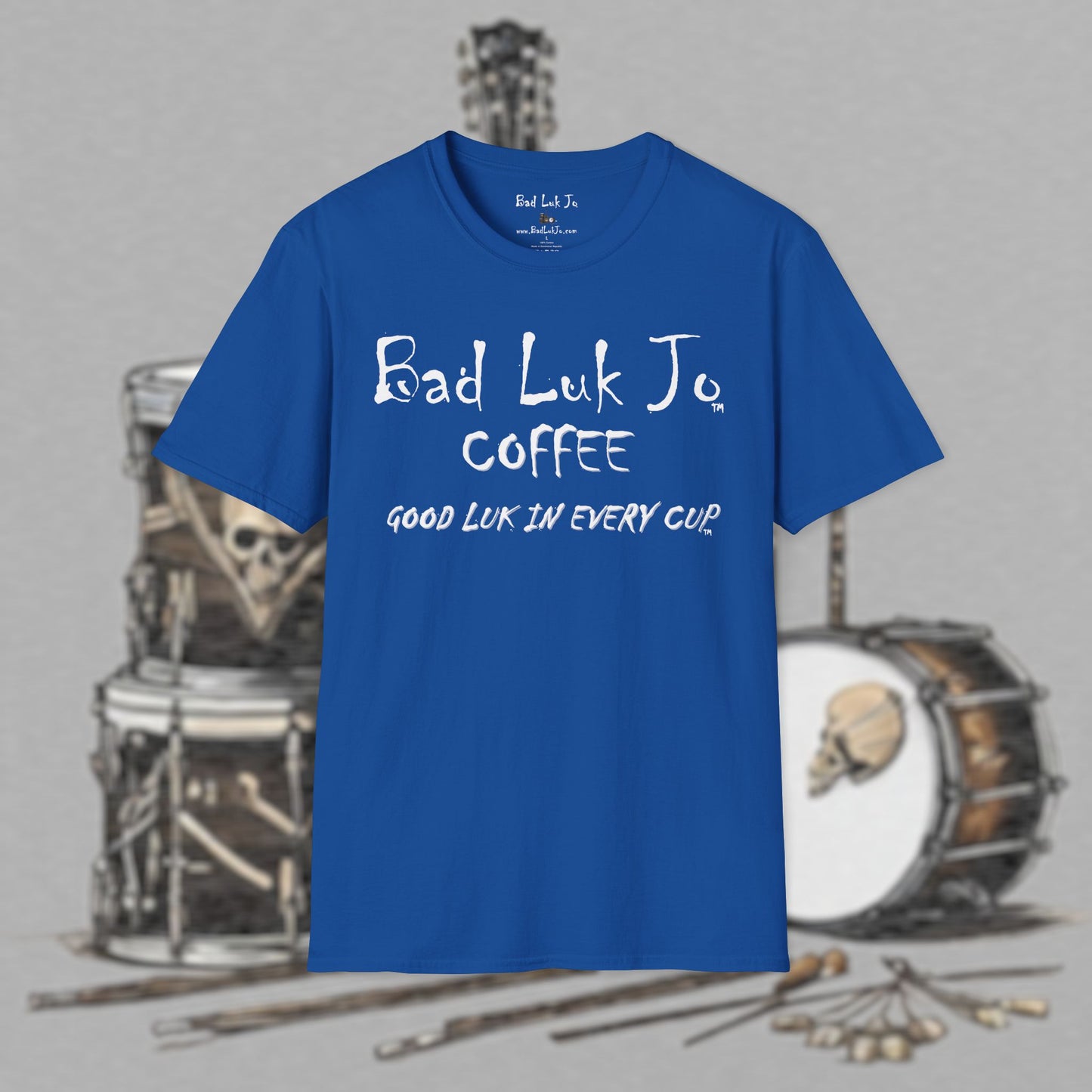 Bad Luk Jo Coffee "Good Luk in Every Cup" T-Shirt - with Website on Back - Unisex Softstyle T-Shirt - FREE ECONOMY SHIPPING