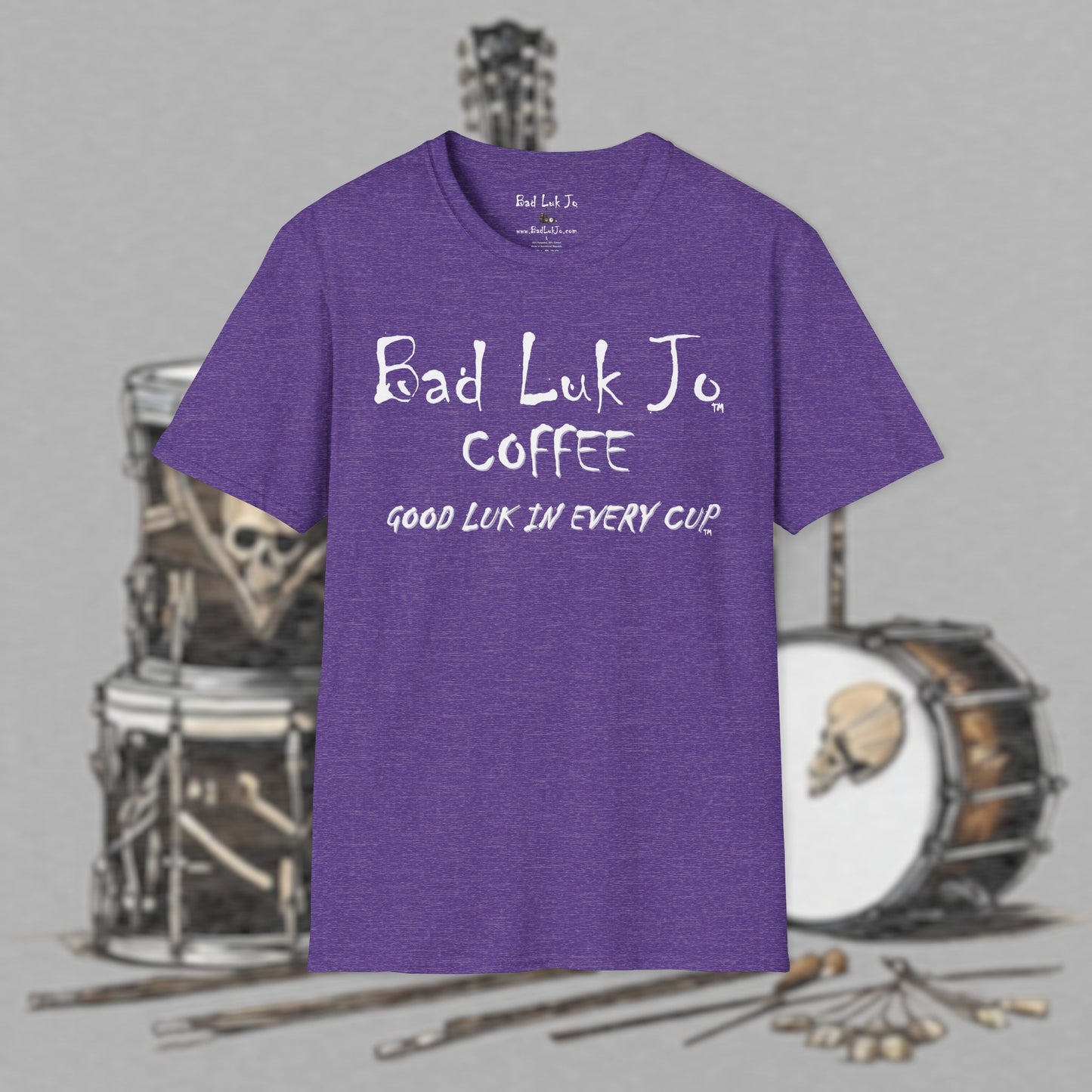 Bad Luk Jo Coffee "Good Luk in Every Cup" T-Shirt - with Website on Back - Unisex Softstyle T-Shirt - FREE ECONOMY SHIPPING