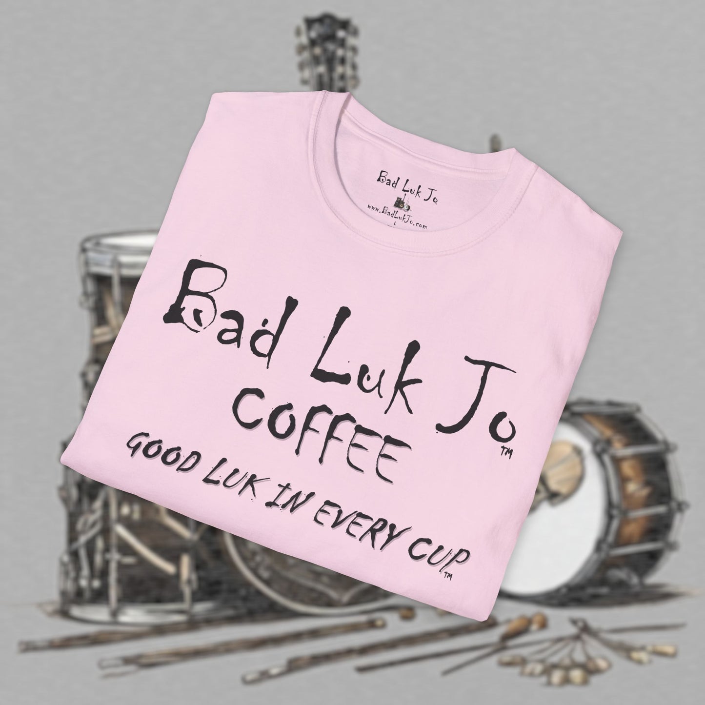 Bad Luk Jo Coffee "Good Luk in Every Cup" T-Shirt - with Website on Back - Unisex Softstyle T-Shirt - FREE ECONOMY SHIPPING