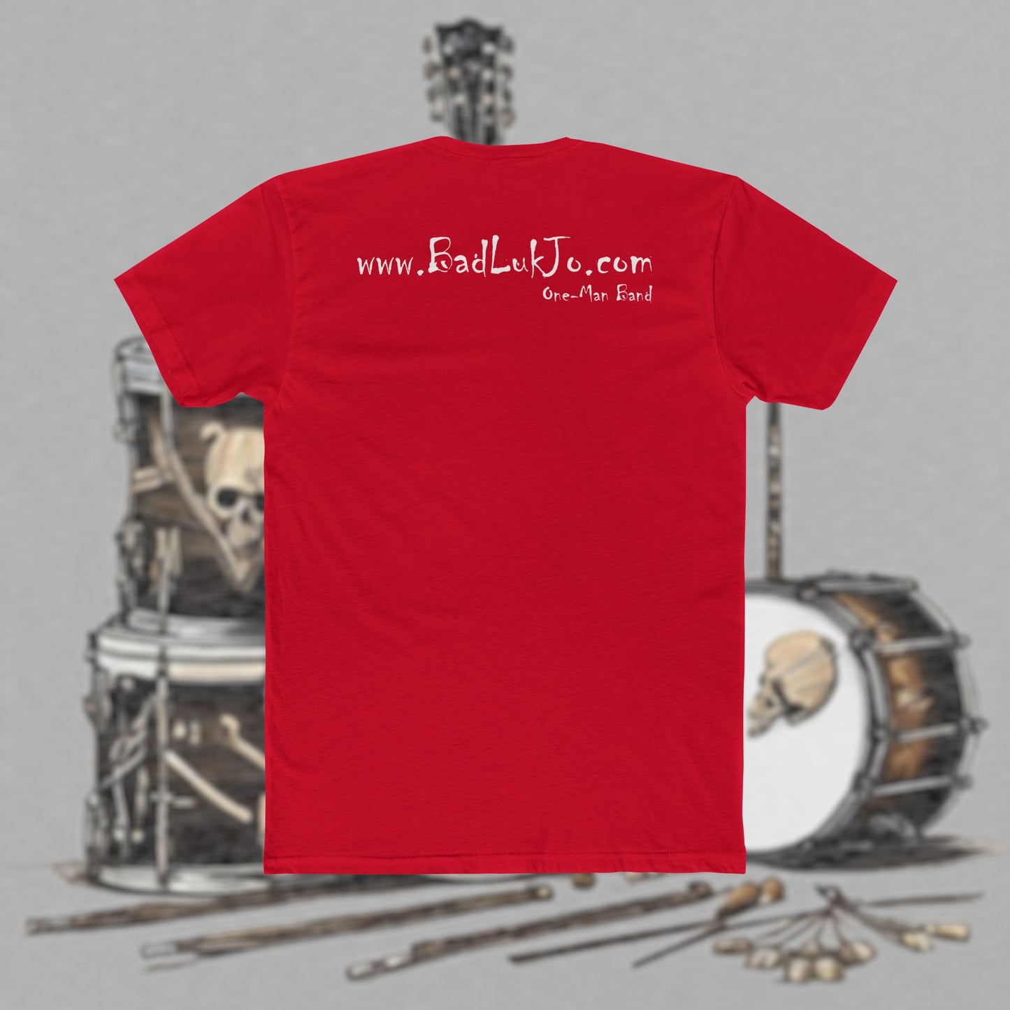 Bad Luk Jo T-Shirt - ORIGINAL Design with Website on Back - Unisex Cotton "Crew Tee" - Classic Fit (Tighter) - Perfect for Musicians and Music Lovers - FREE ECONOMY SHIPPING
