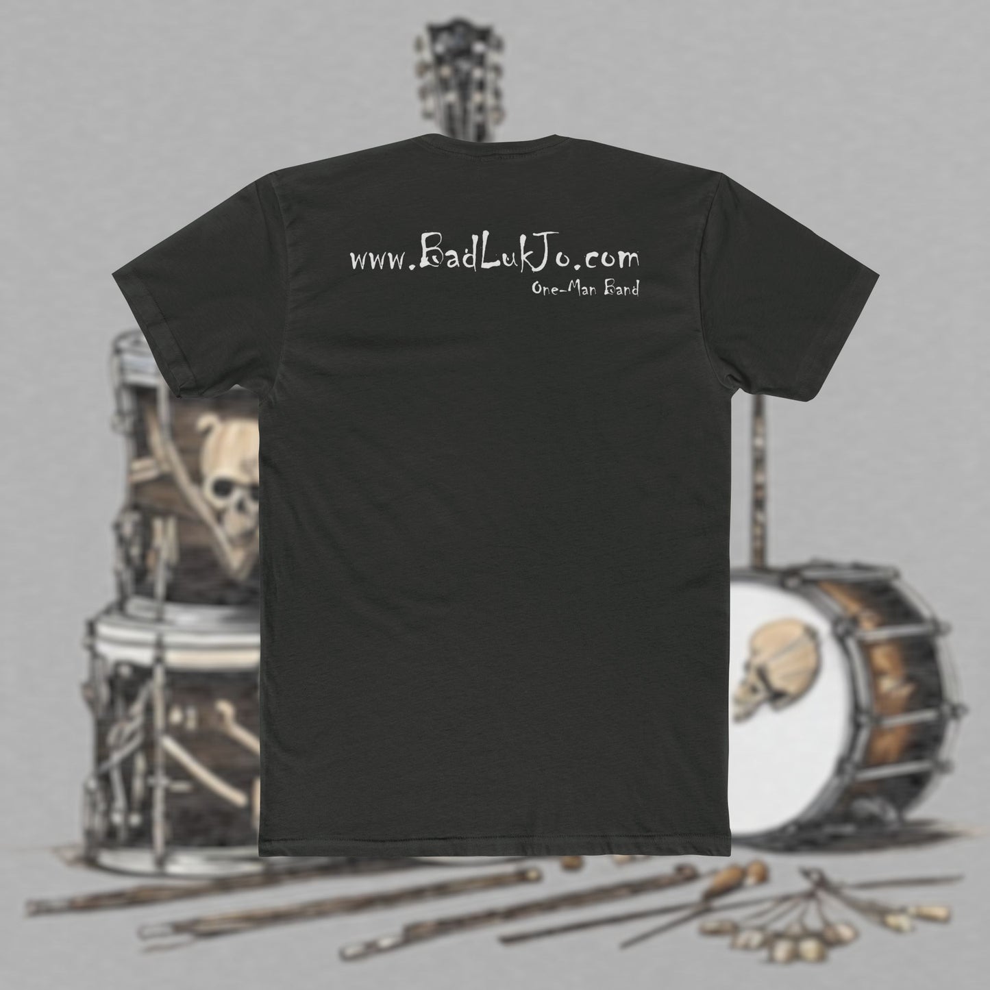 Bad Luk Jo T-Shirt - ORIGINAL Design with Website on Back - Unisex Cotton "Crew Tee" - Classic Fit (Tighter) - Perfect for Musicians and Music Lovers - FREE ECONOMY SHIPPING