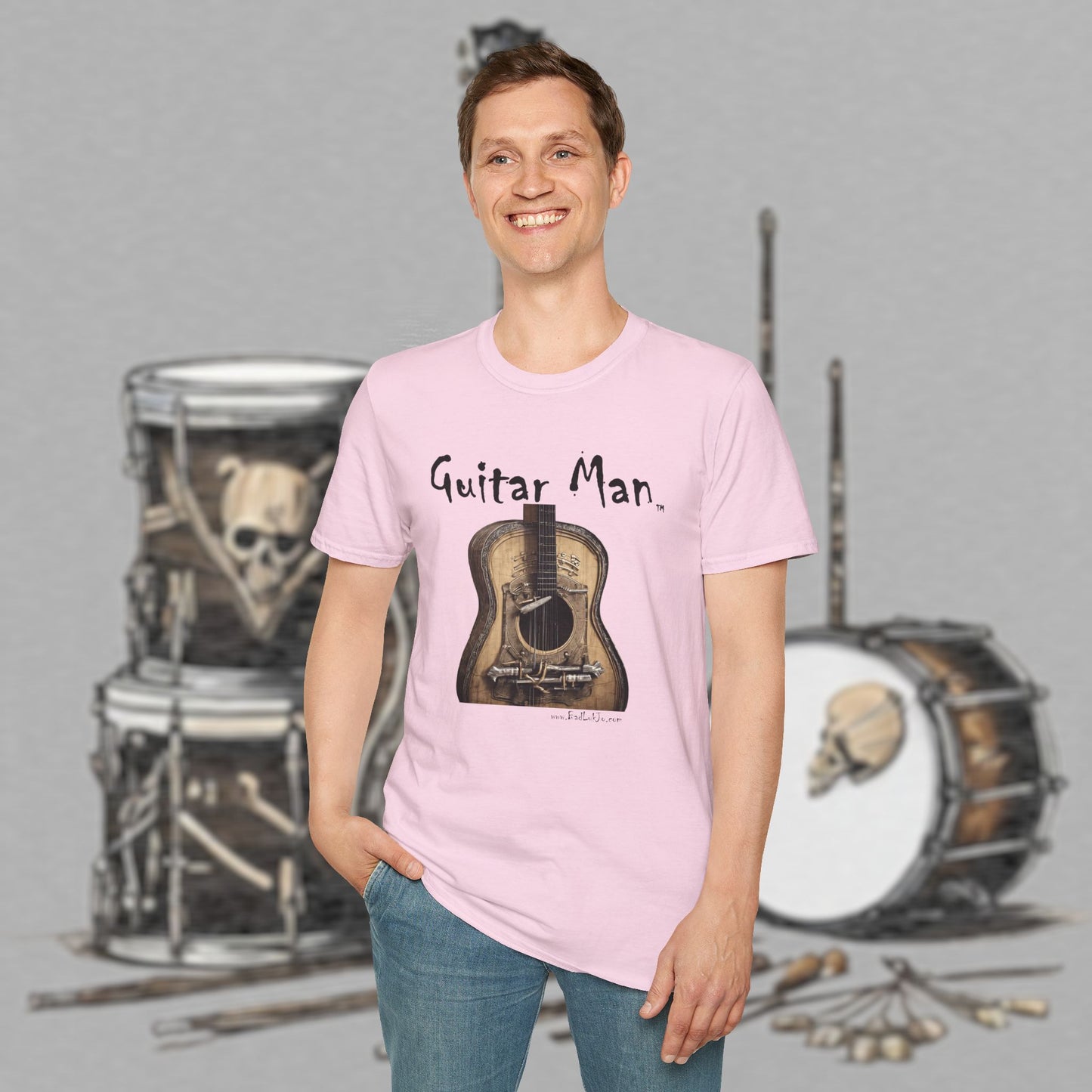 Bad Luk Jo "Guitar Man" T-Shirt - No Printing on Back - Unisex Softstyle T-Shirt - Perfect for Musicians and Music Lovers - FREE ECONOMY SHIPPING