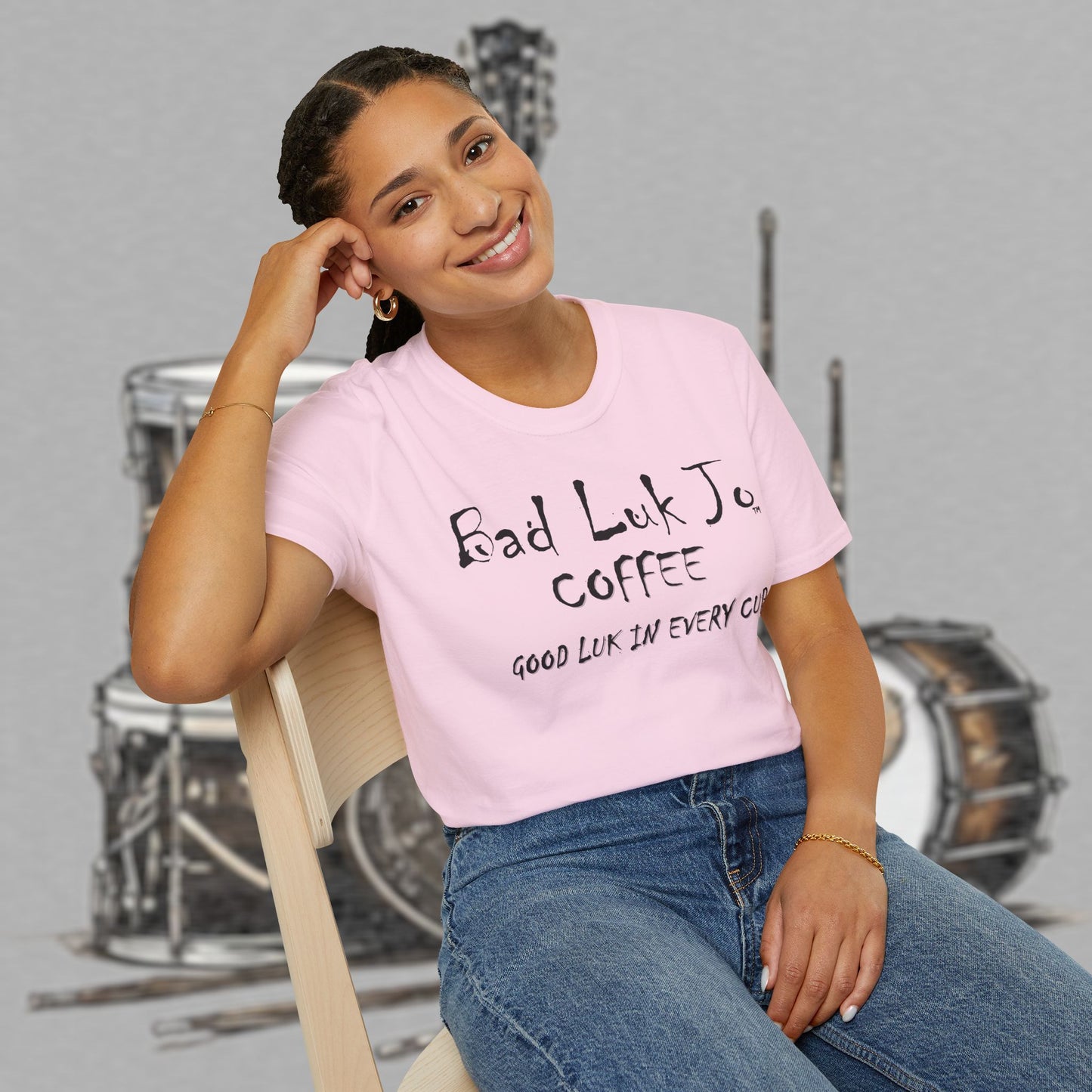 Bad Luk Jo Coffee "Good Luk in Every Cup" T-Shirt - with Website on Back - Unisex Softstyle T-Shirt - FREE ECONOMY SHIPPING