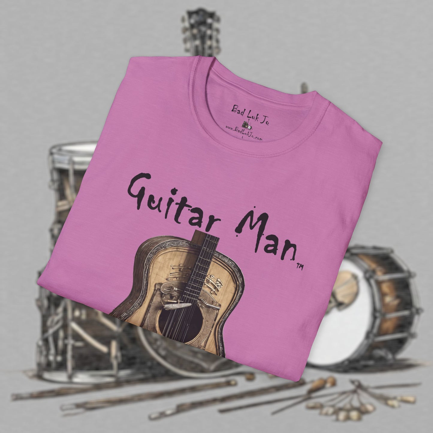 Bad Luk Jo "Guitar Man" T-Shirt - No Printing on Back - Unisex Softstyle T-Shirt - Perfect for Musicians and Music Lovers - FREE ECONOMY SHIPPING