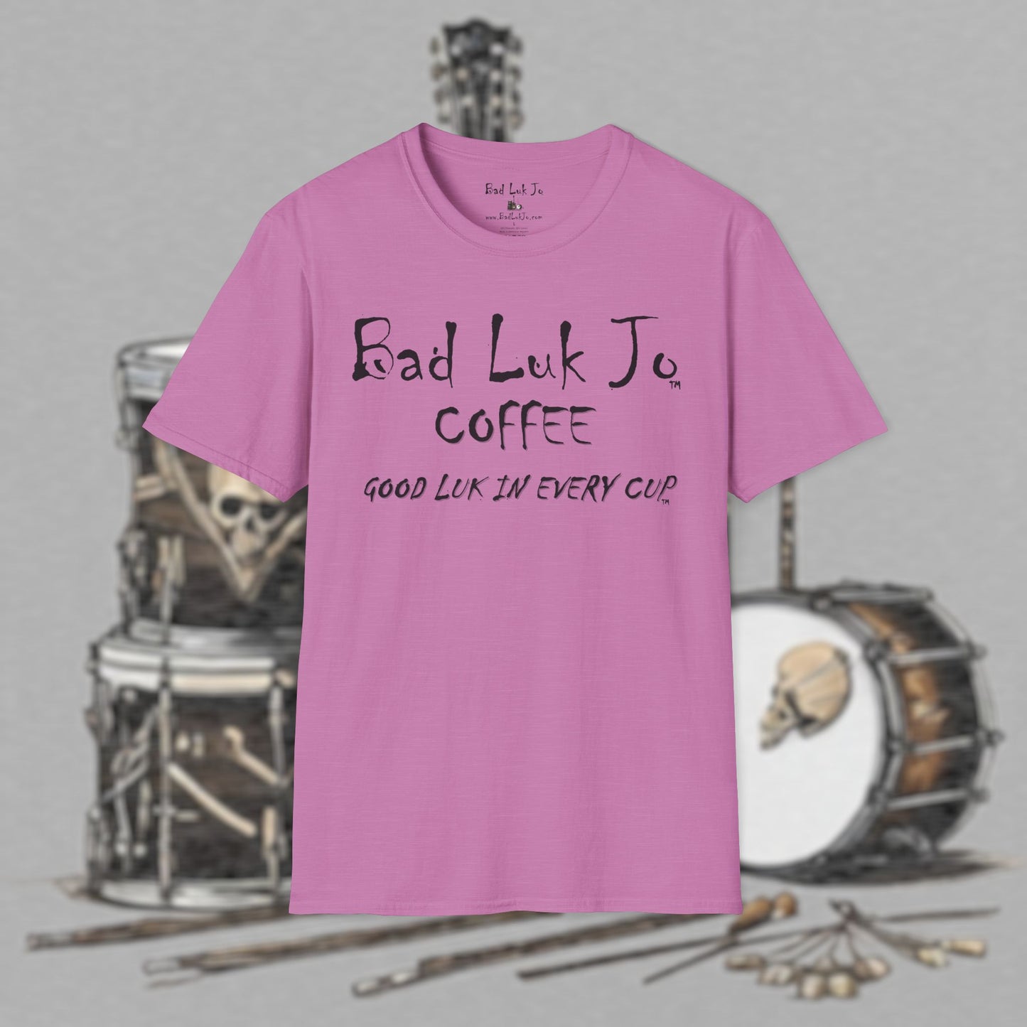 Bad Luk Jo Coffee "Good Luk in Every Cup" T-Shirt - with Website on Back - Unisex Softstyle T-Shirt - FREE ECONOMY SHIPPING