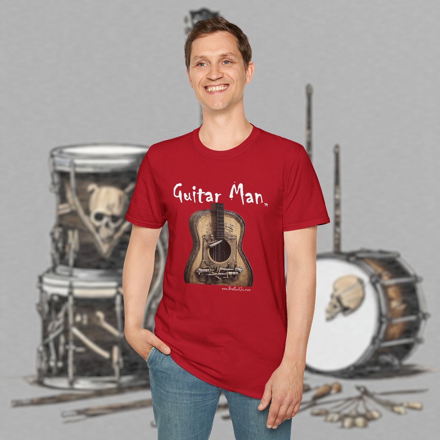 Bad Luk Jo "Guitar Man" T-Shirt - No Printing on Back - Unisex Softstyle T-Shirt - Perfect for Musicians and Music Lovers - FREE ECONOMY SHIPPING