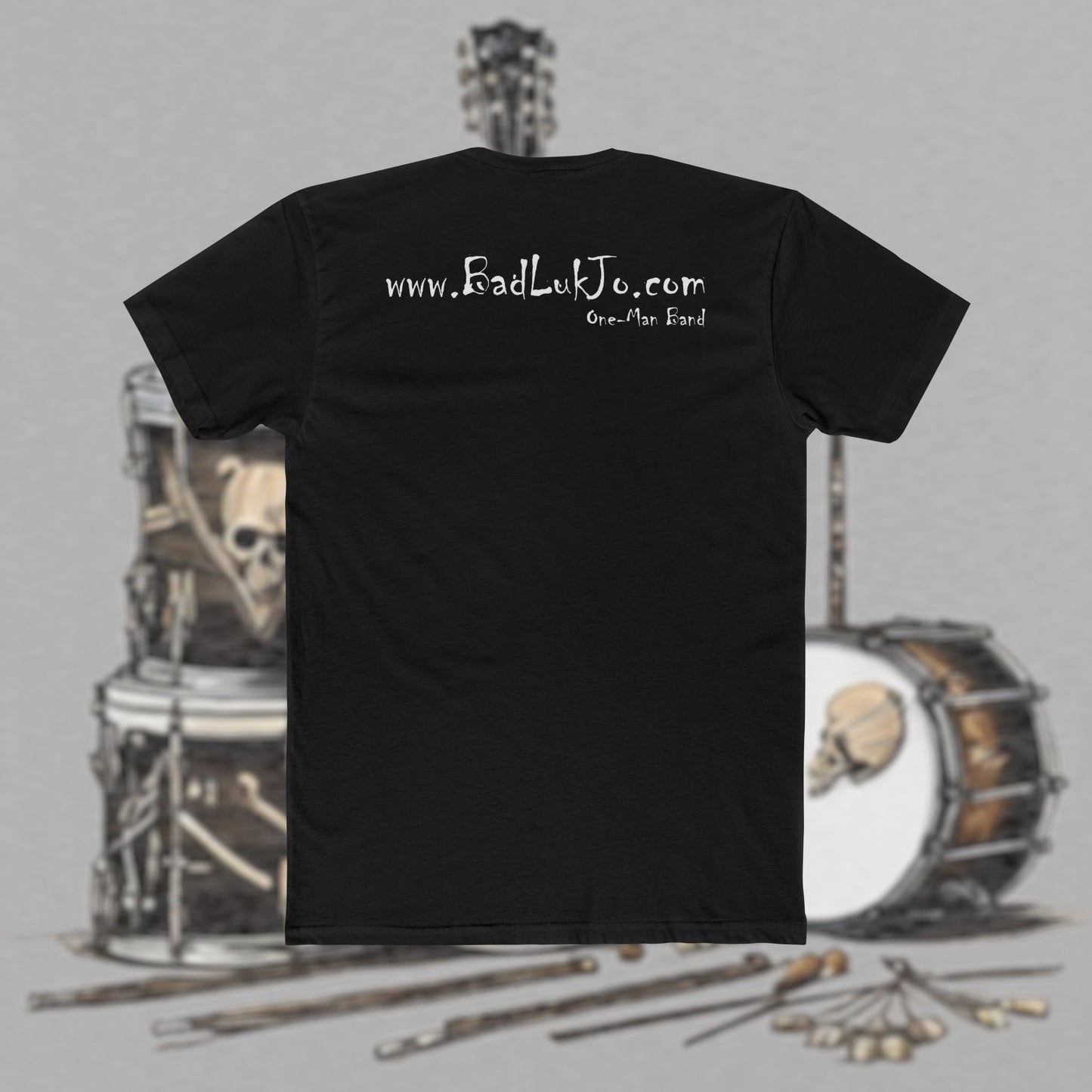 Bad Luk Jo T-Shirt - ORIGINAL Design with Website on Back - Unisex Cotton "Crew Tee" - Classic Fit (Tighter) - Perfect for Musicians and Music Lovers - FREE ECONOMY SHIPPING