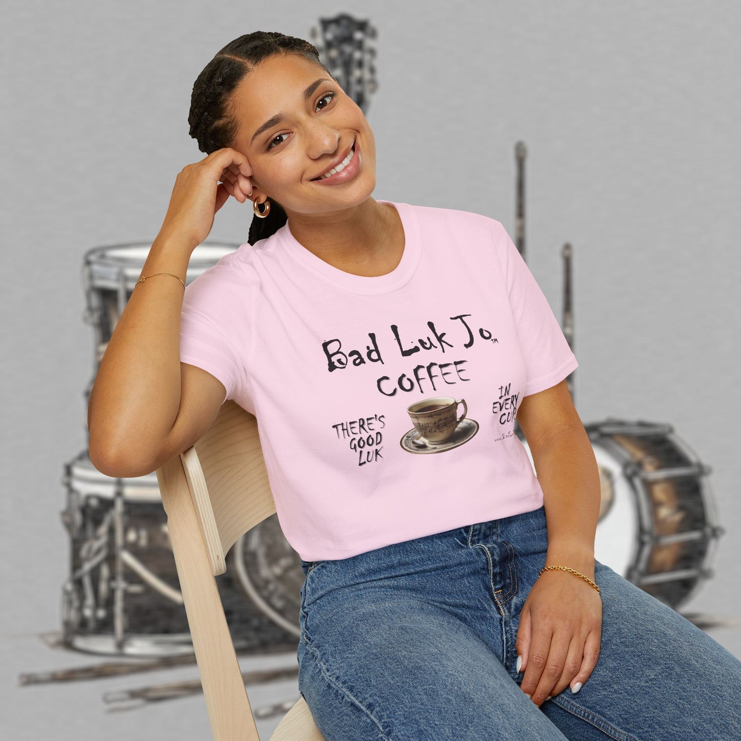 Bad Luk Jo Coffee "There's Good Luk in Every Cup" with Coffee Cup - Unisex Softstyle T-Shirt - FREE ECONOMY SHIPPING