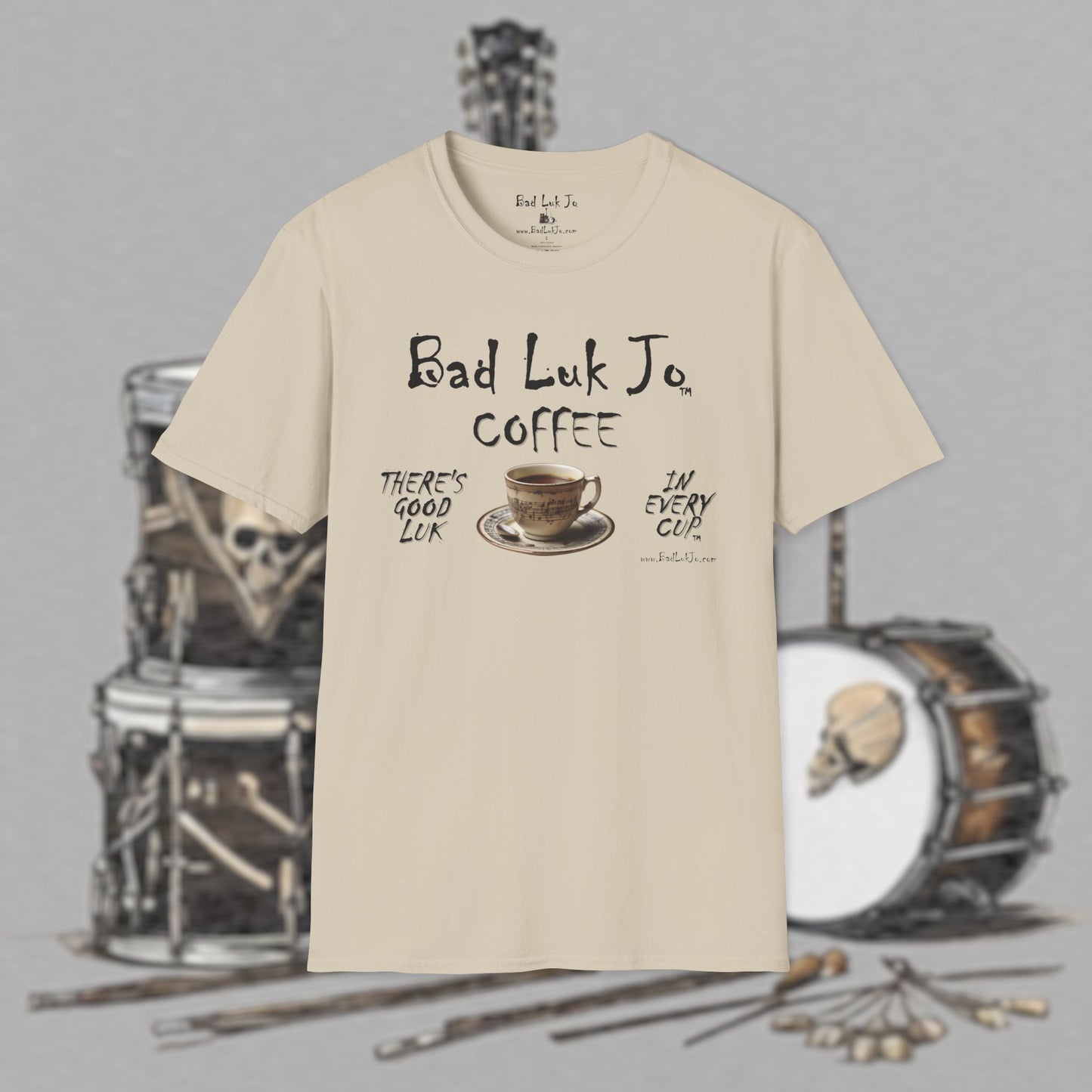 Bad Luk Jo Coffee "There's Good Luk in Every Cup" with Coffee Cup - Unisex Softstyle T-Shirt - FREE ECONOMY SHIPPING