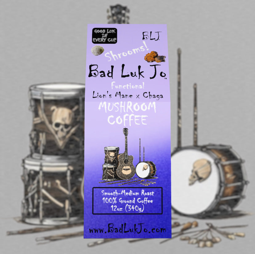 Bad Luk Jo MUSHROOM COFFEE Smooth-Medium Roast Ground - There's Good Luk in Every Cup - 12oz. - FREE STANDARD SHIPPING