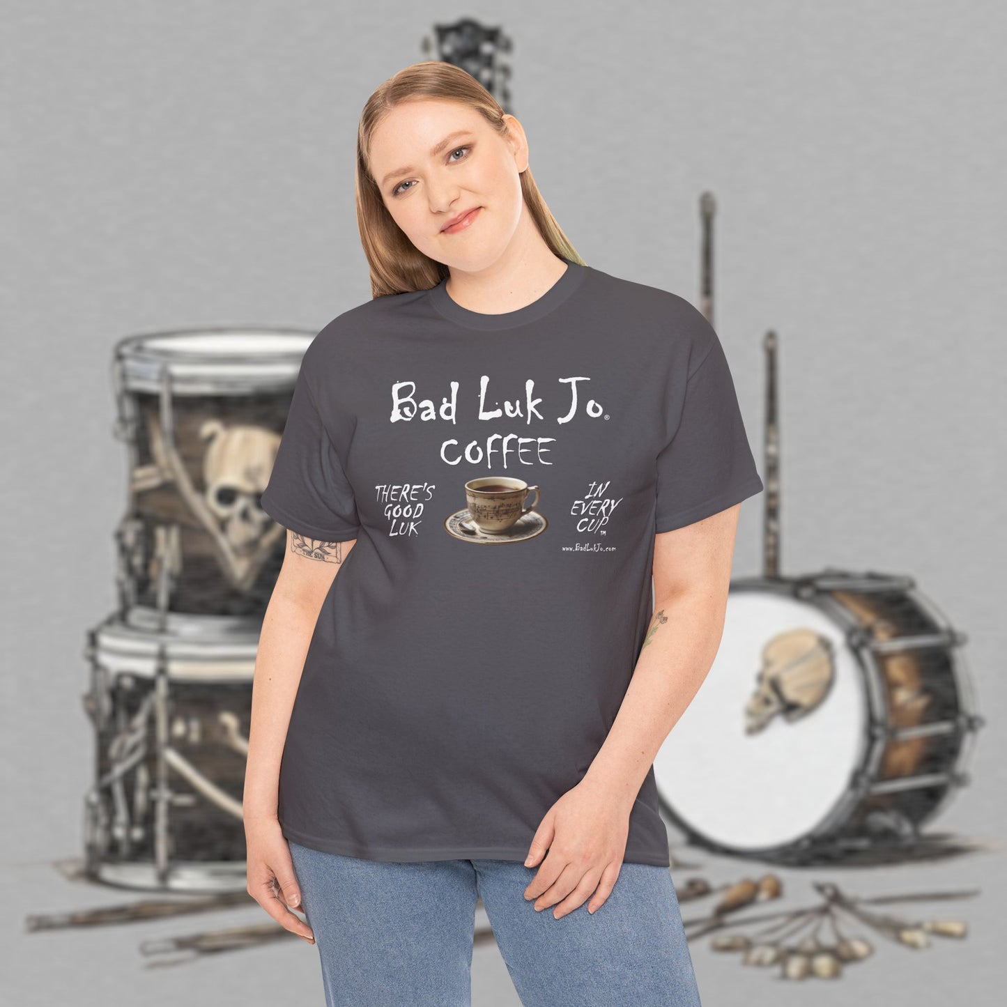 Bad Luk Jo Unisex Heavy Cotton Tee - "There's Good Luk in Every Cup" - Perfect Gift for Coffee Lovers - FREE ECONOMY SHIPPING