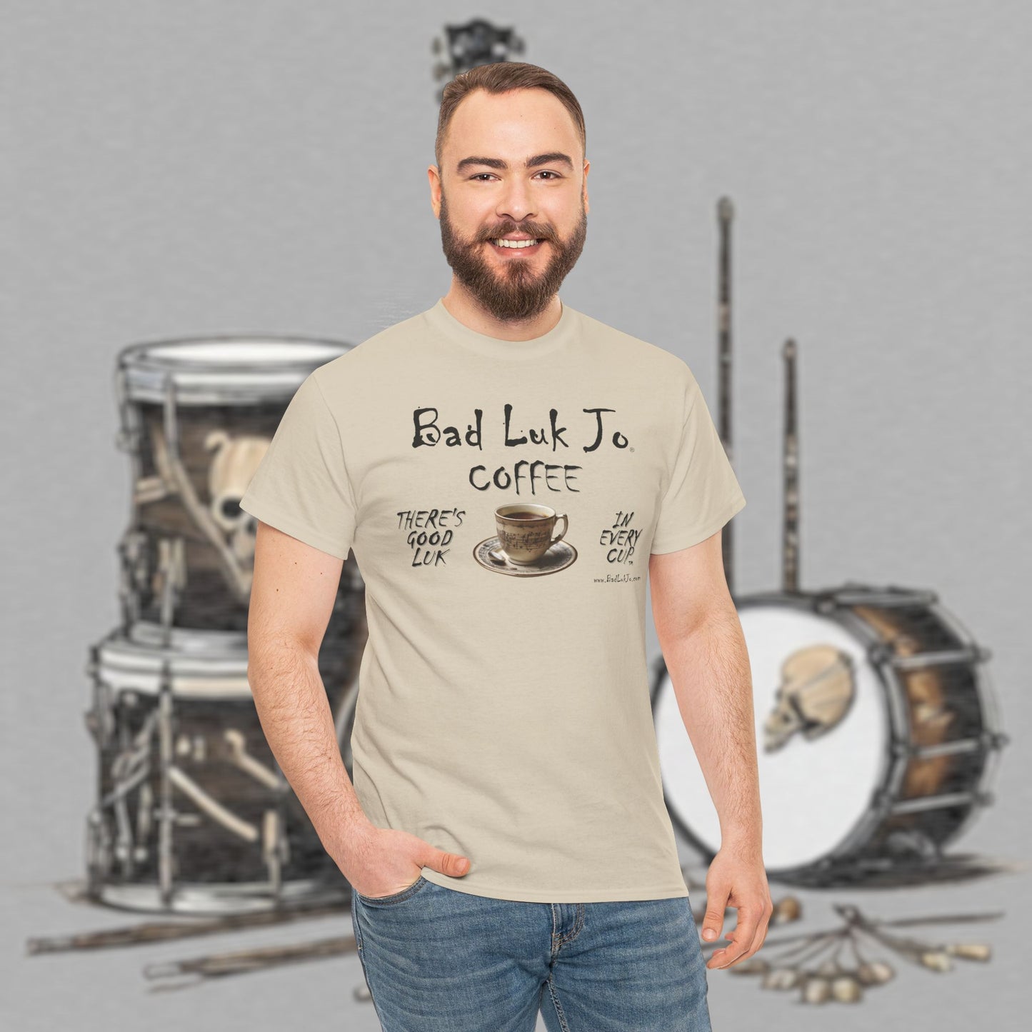Bad Luk Jo Unisex Heavy Cotton Tee - "There's Good Luk in Every Cup" - Perfect Gift for Coffee Lovers - FREE ECONOMY SHIPPING