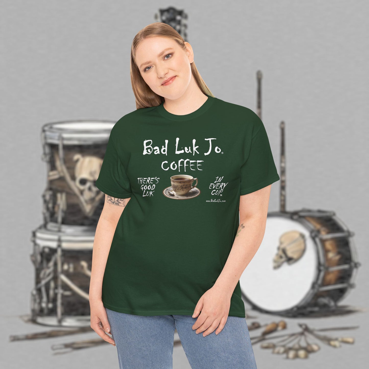 Bad Luk Jo Unisex Heavy Cotton Tee - "There's Good Luk in Every Cup" - Perfect Gift for Coffee Lovers - FREE ECONOMY SHIPPING